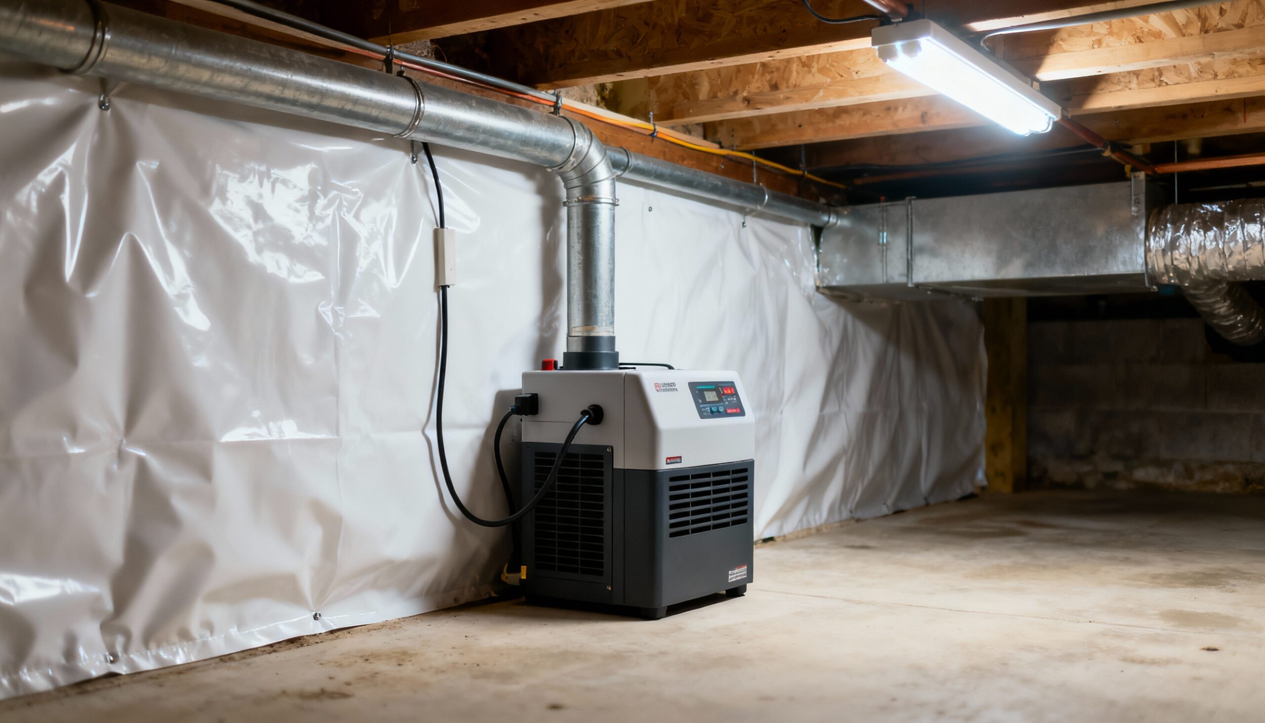 Crawl Space Moisture Control: Essential Techniques for a Dry Foundation Dehumidifier controlling humidity levels in sealed crawl space