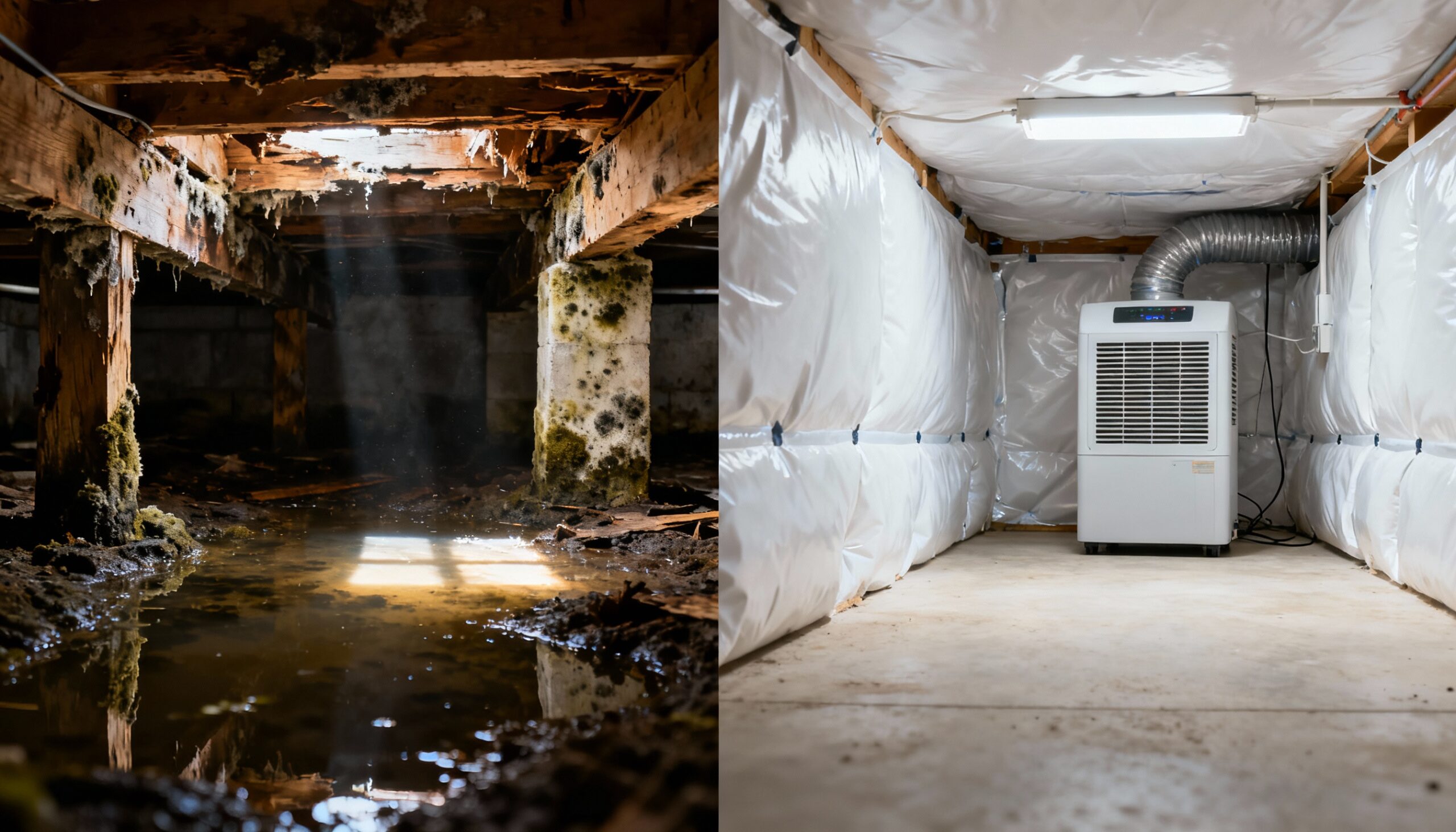 Crawl Space Moisture Control: Essential Techniques for a Dry Foundation Crawl space encapsulation before and after moisture control treatment