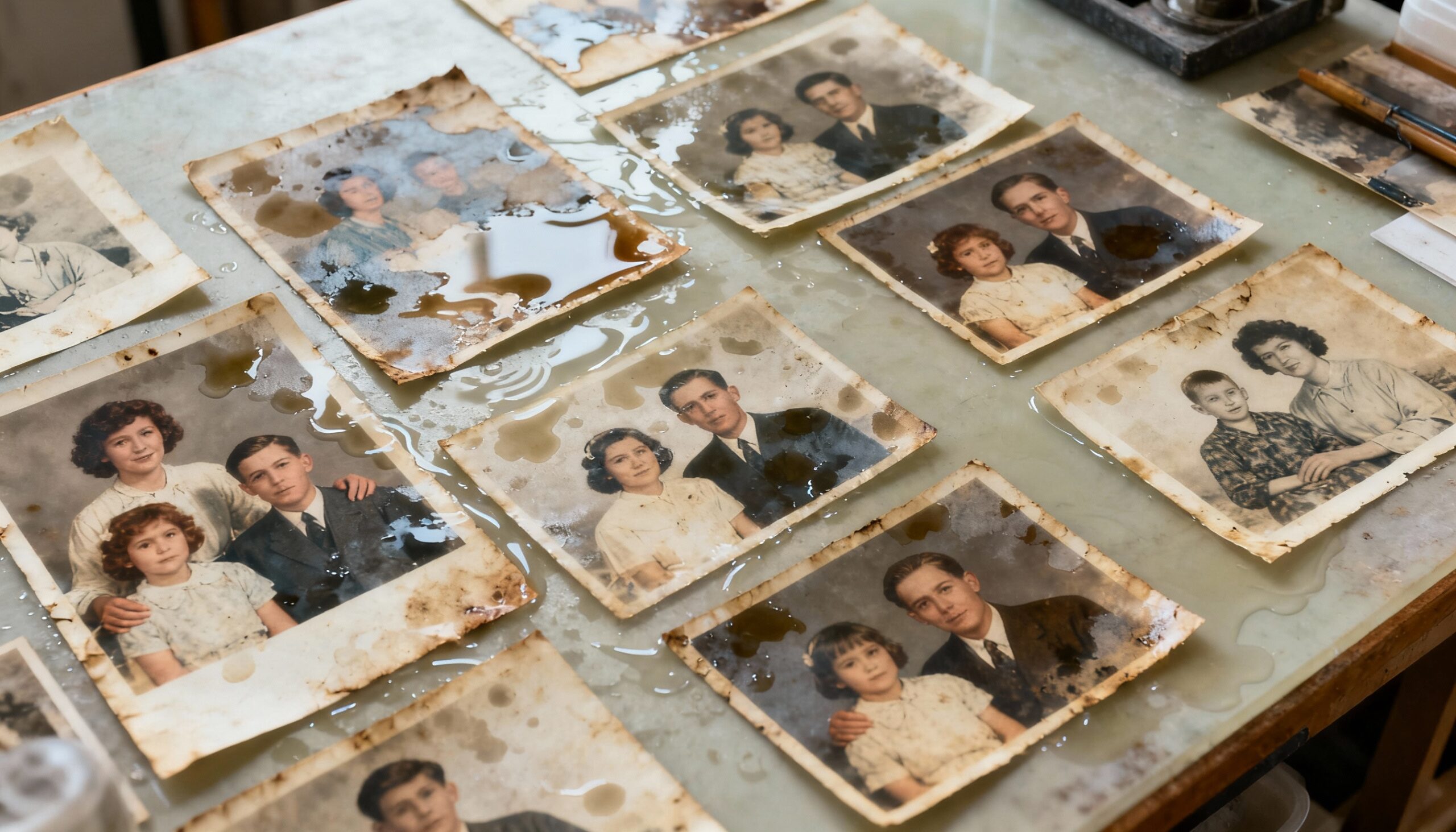 Water-damaged documents, photos, and electronics being assessed for restoration