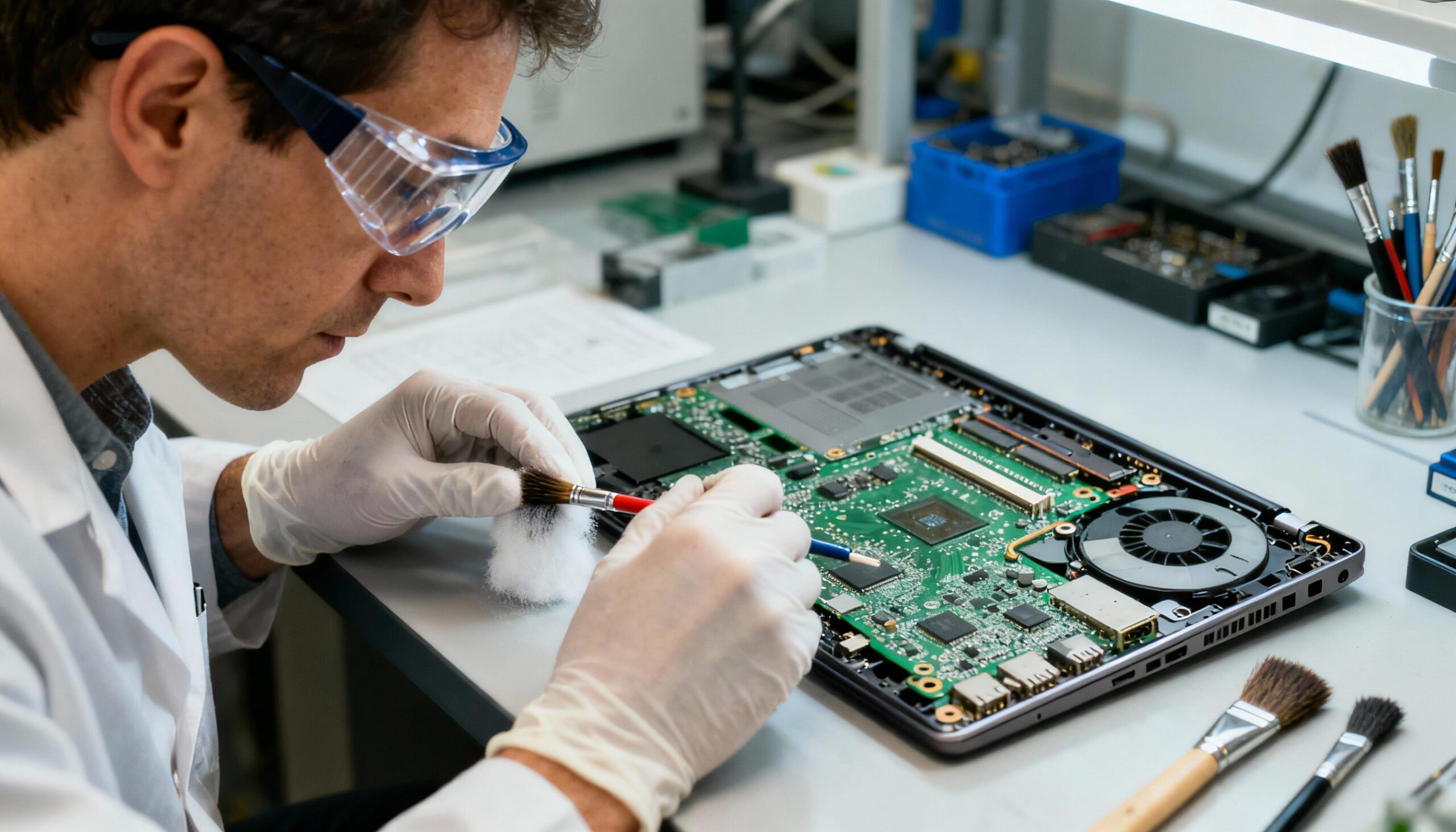 Electronics water damage restoration using ultrasonic cleaning technology for circuit board recovery