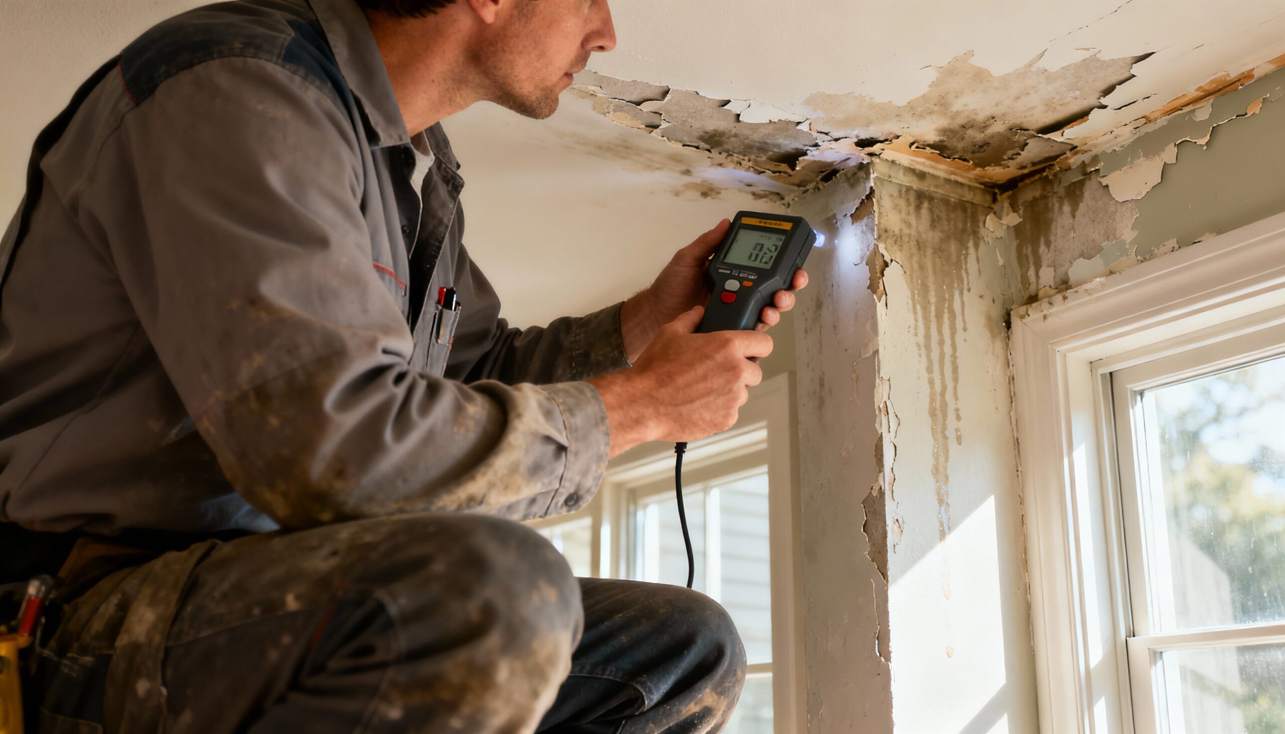 Professional inspecting drywall water damage with moisture meter