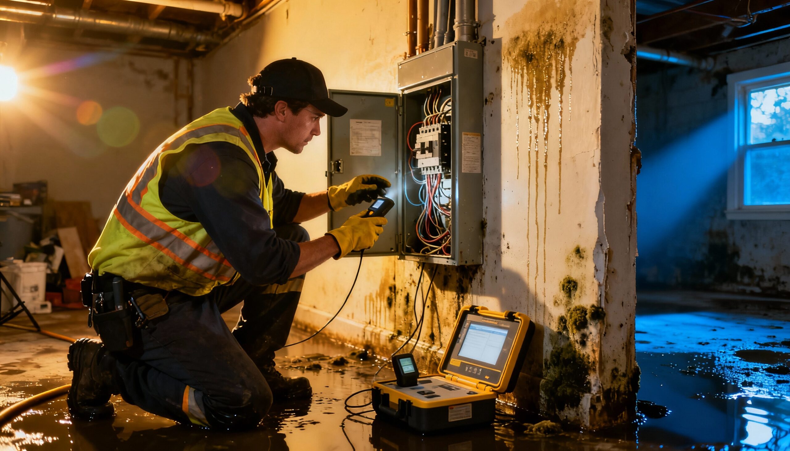 Professional technician assessing electrical system water damage in flooded basement with moisture detection equipment