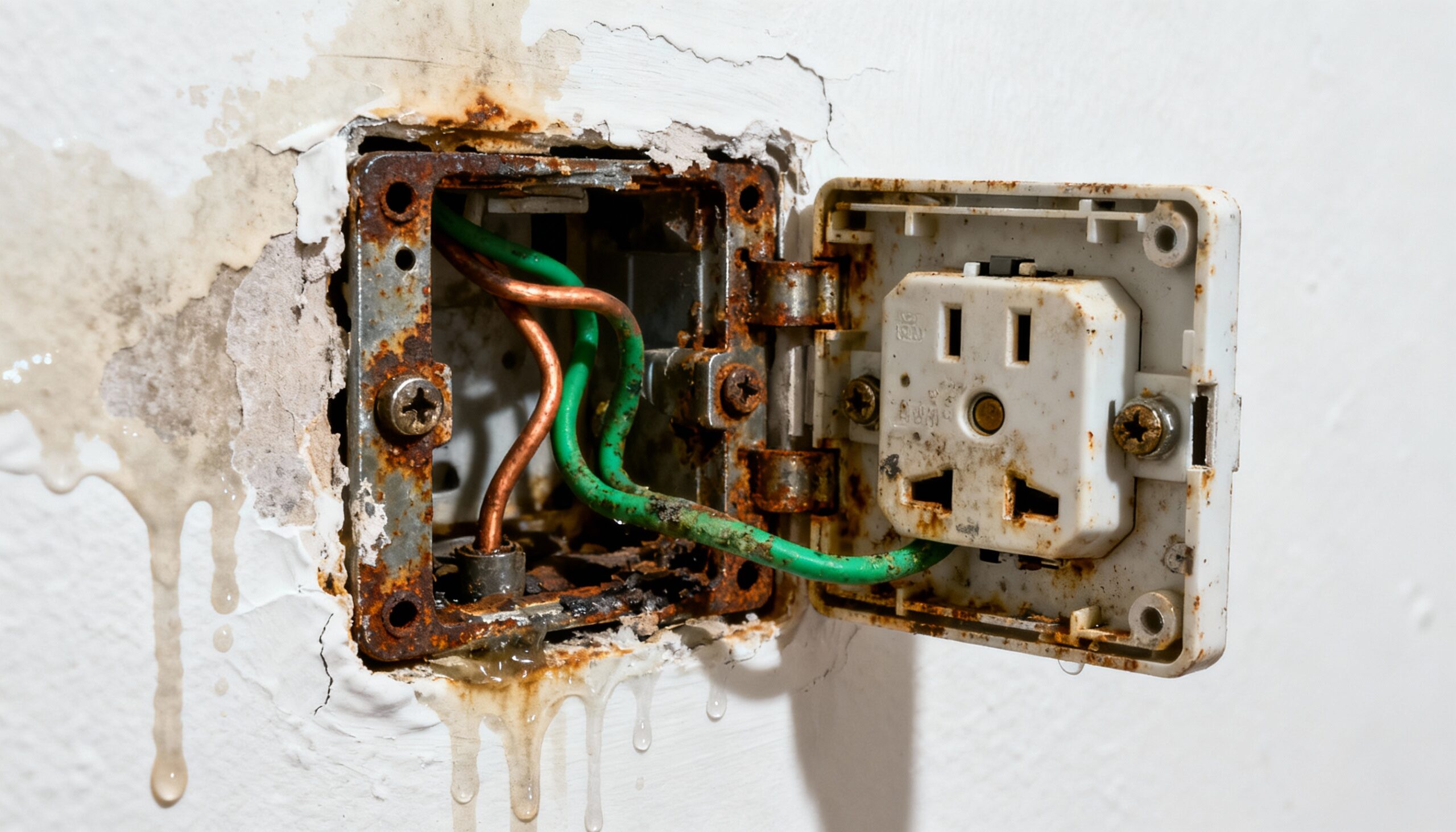 Corroded electrical outlet showing signs of electrical system water damage from moisture exposure