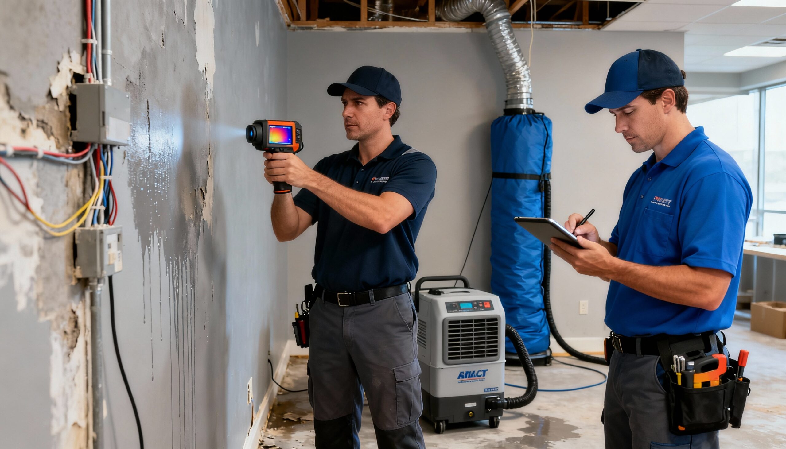 Restoration professionals conducting electrical system water damage assessment using thermal imaging and documentation