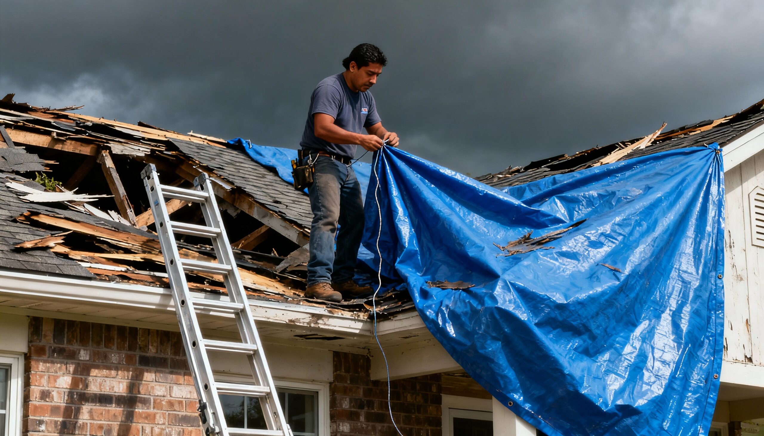 Emergency roof tarping installation by professional restoration team after storm damage