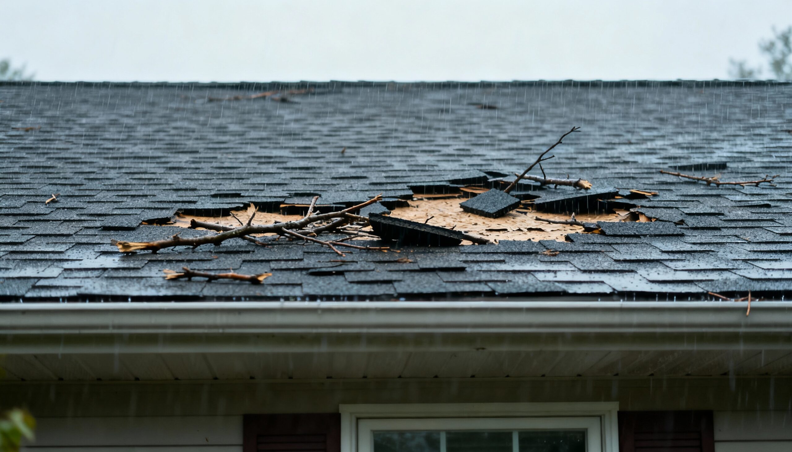 Storm damaged roof showing missing shingles and exposed underlayment requiring emergency tarping