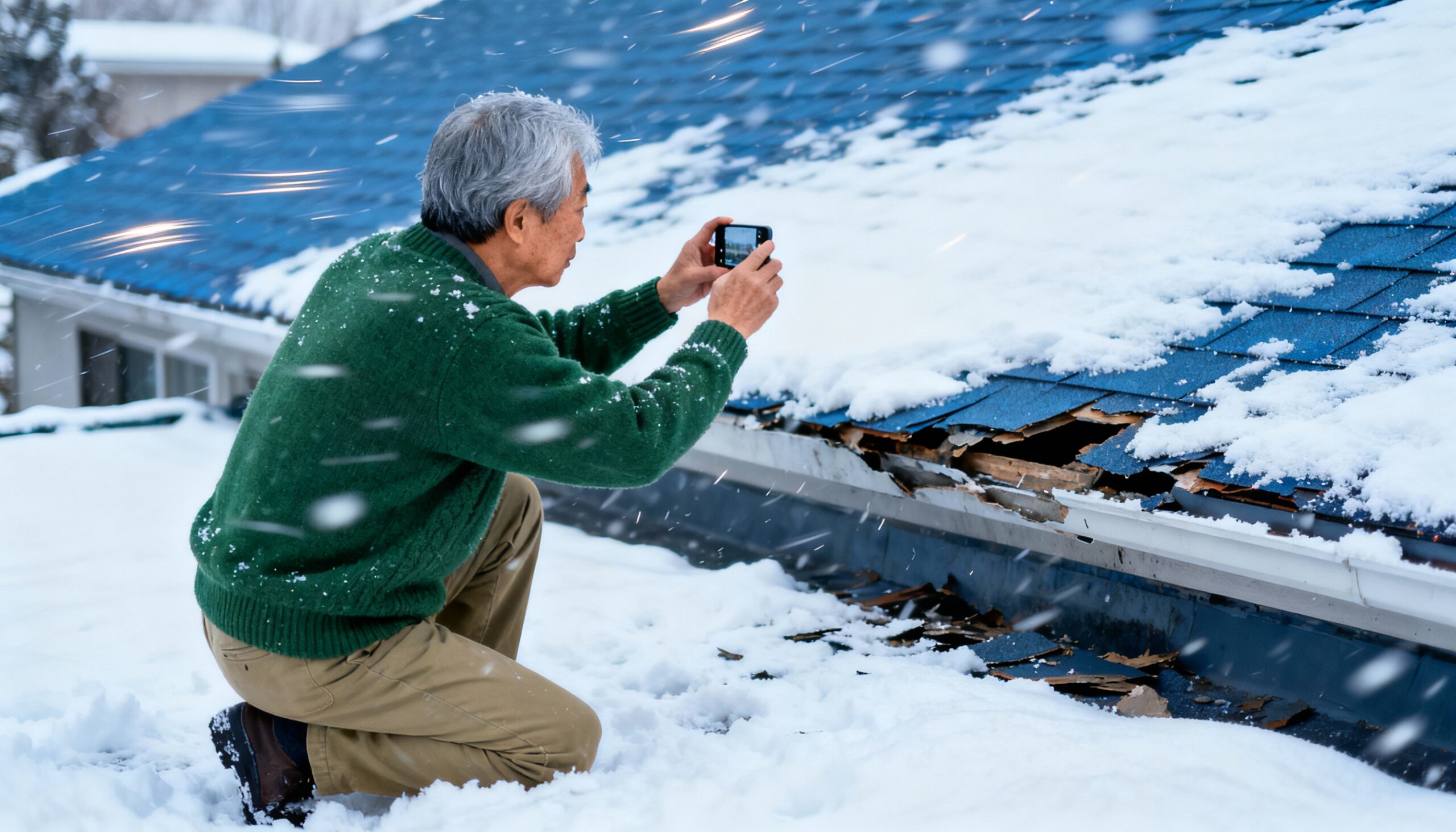 Documenting roof storm damage with photos for insurance claim before emergency tarping