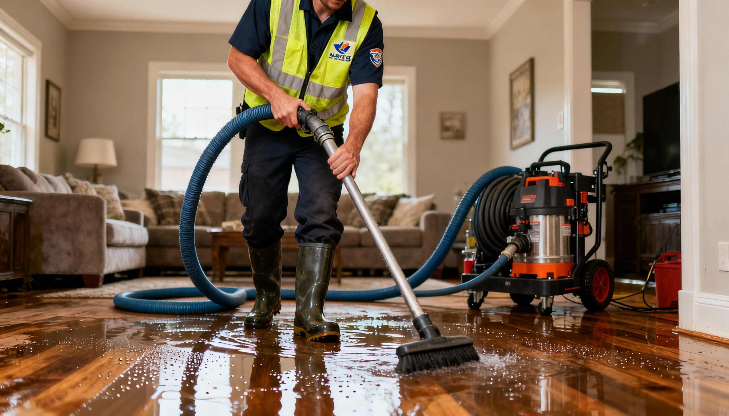 Emergency water extraction professional removing flood water from residential living room using commercial equipment