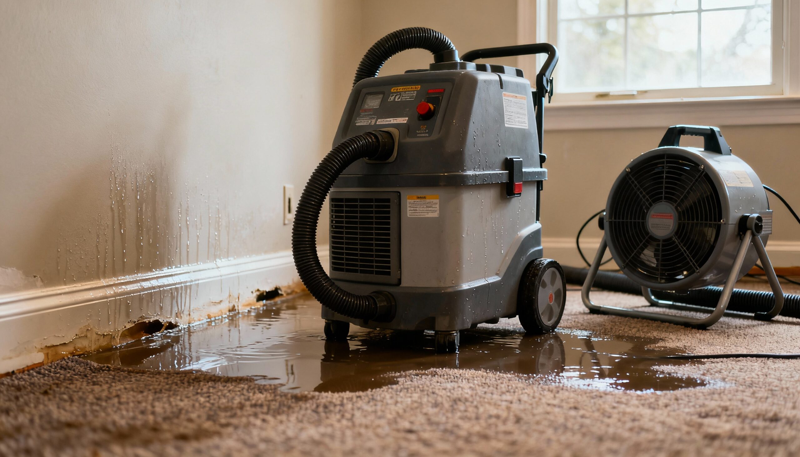 Professional water removal methods equipment including industrial dehumidifier and air mover for flood extraction