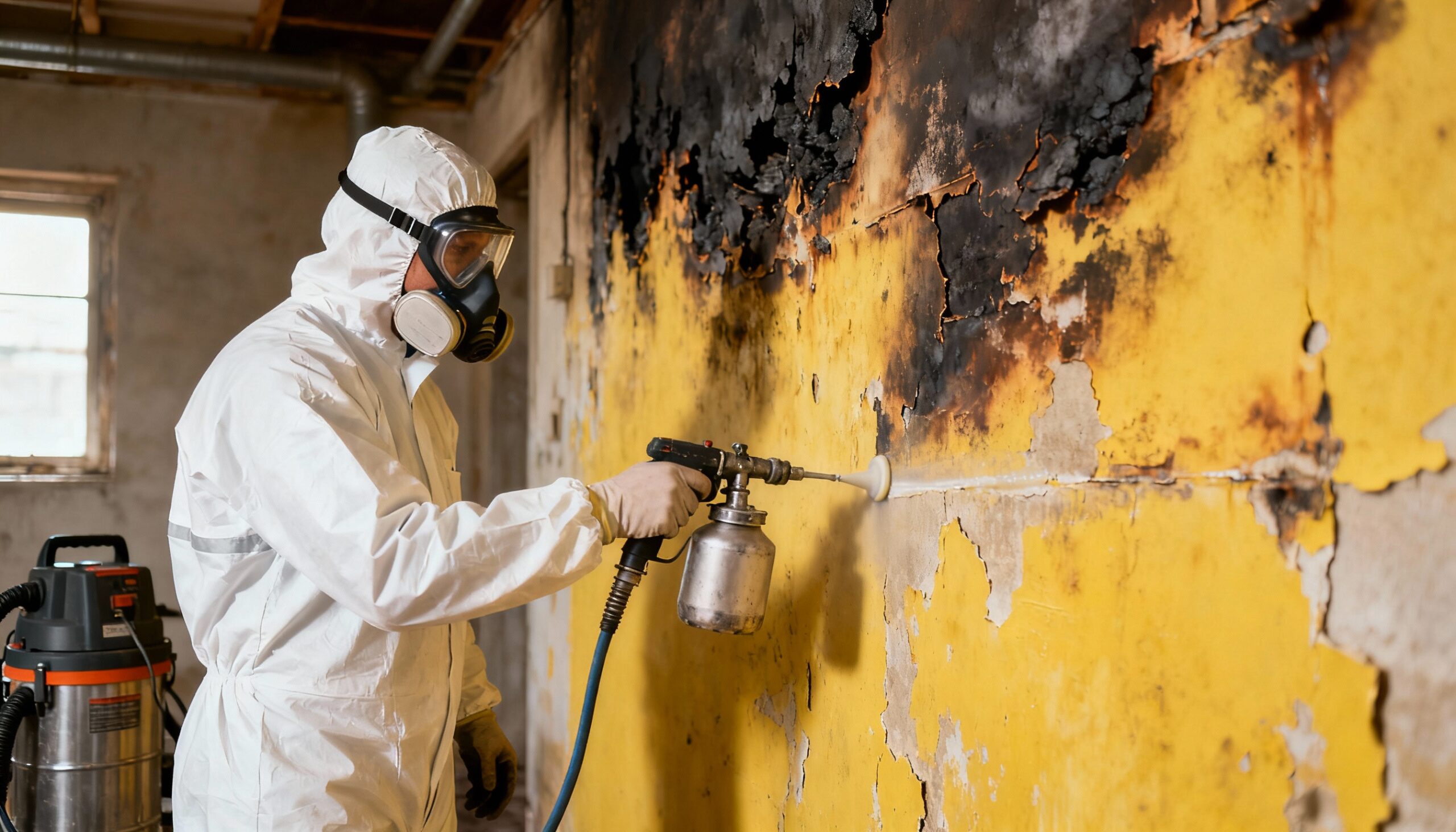 Professional technician applying fire damage odor sealing treatment to smoke-stained wall during restoration process
