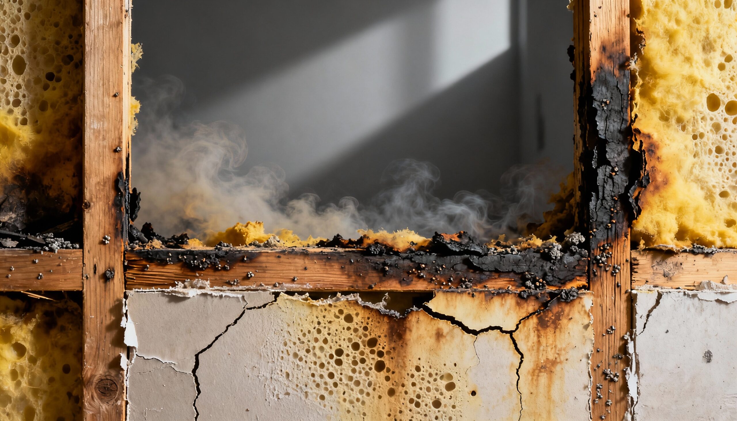 Smoke damage penetration in wood framing and drywall showing why odor encapsulation is necessary for permanent smell elimination