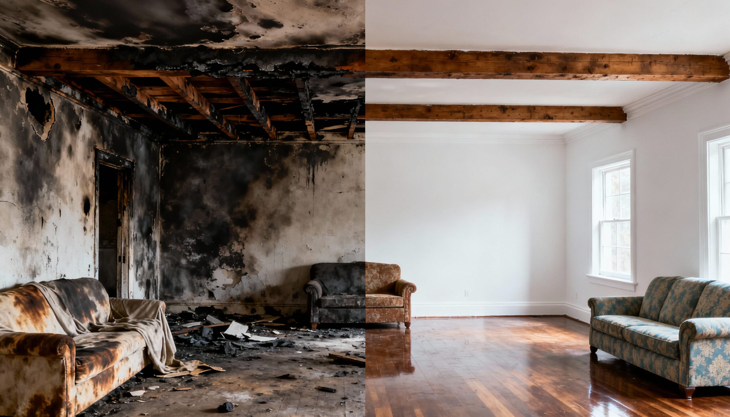 Before and after comparison of smoke sealing results showing complete fire smell prevention after professional odor encapsulation treatment