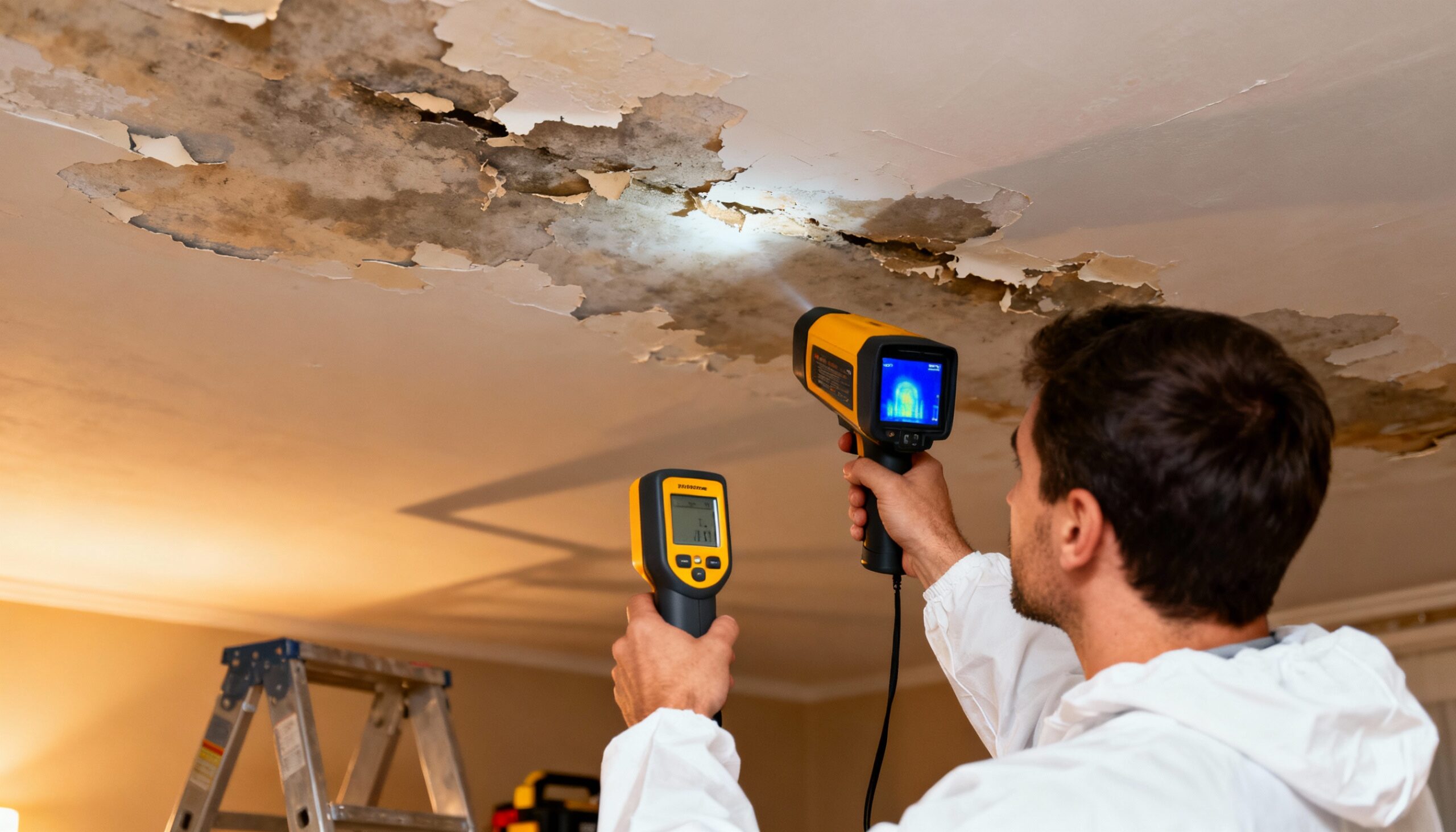 Professional inspection of fire sprinkler discharge water damage using moisture detection equipment