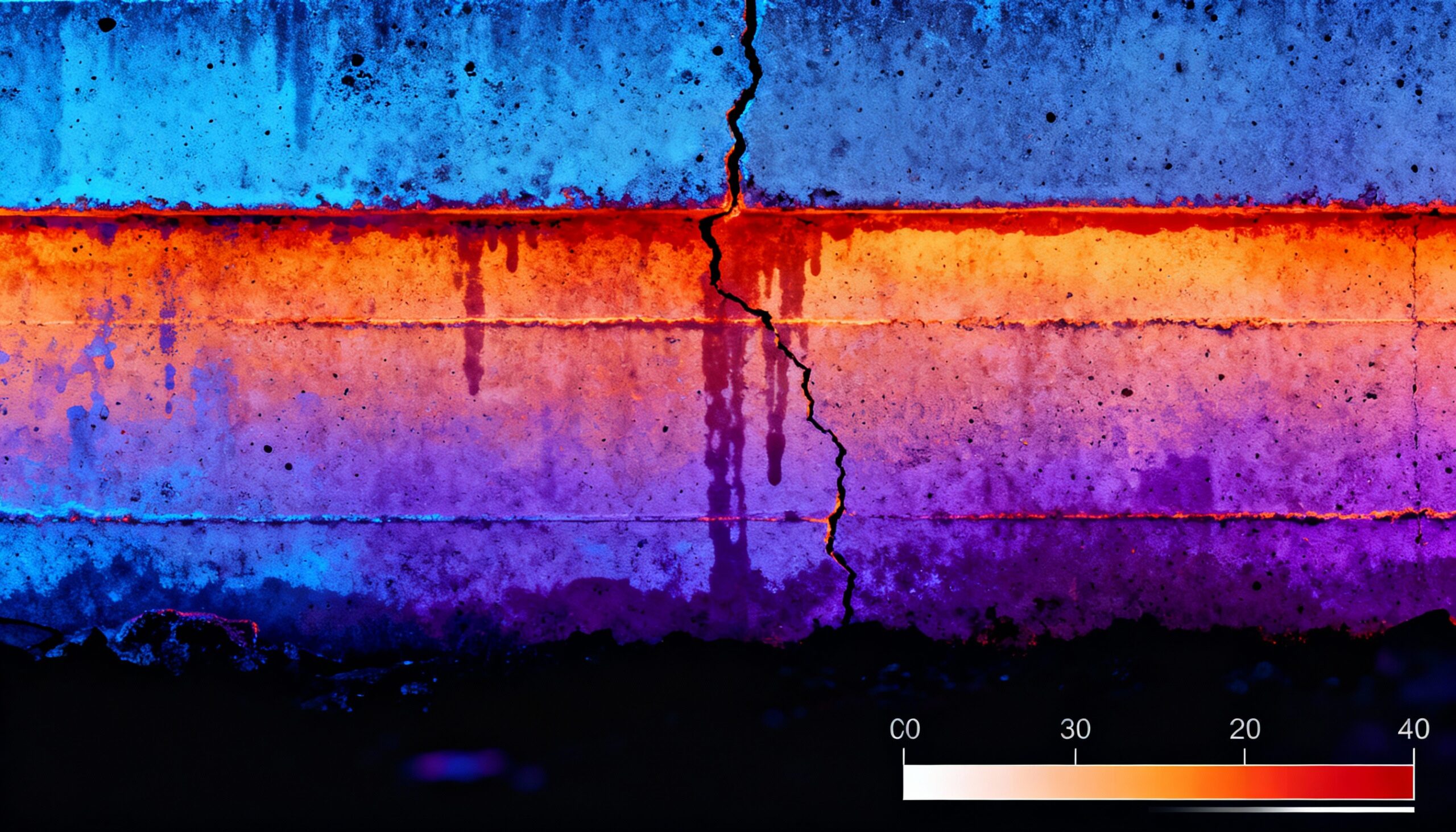 Thermal imaging revealing structural water damage patterns and moisture distribution in foundation wall during professional assessment