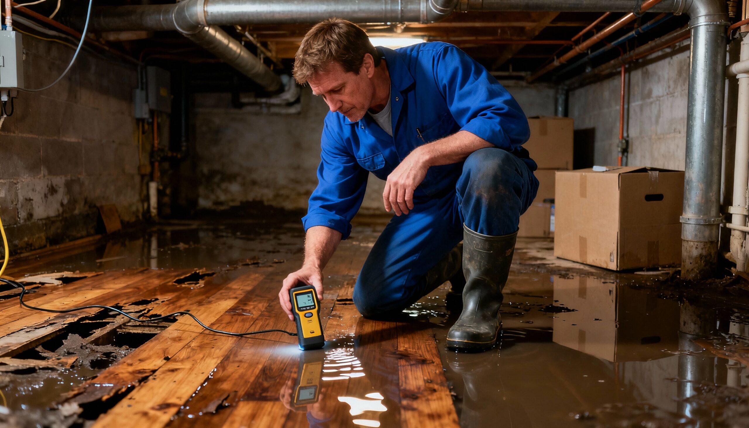 Professional assessing hardwood floor water damage severity with moisture detection equipment