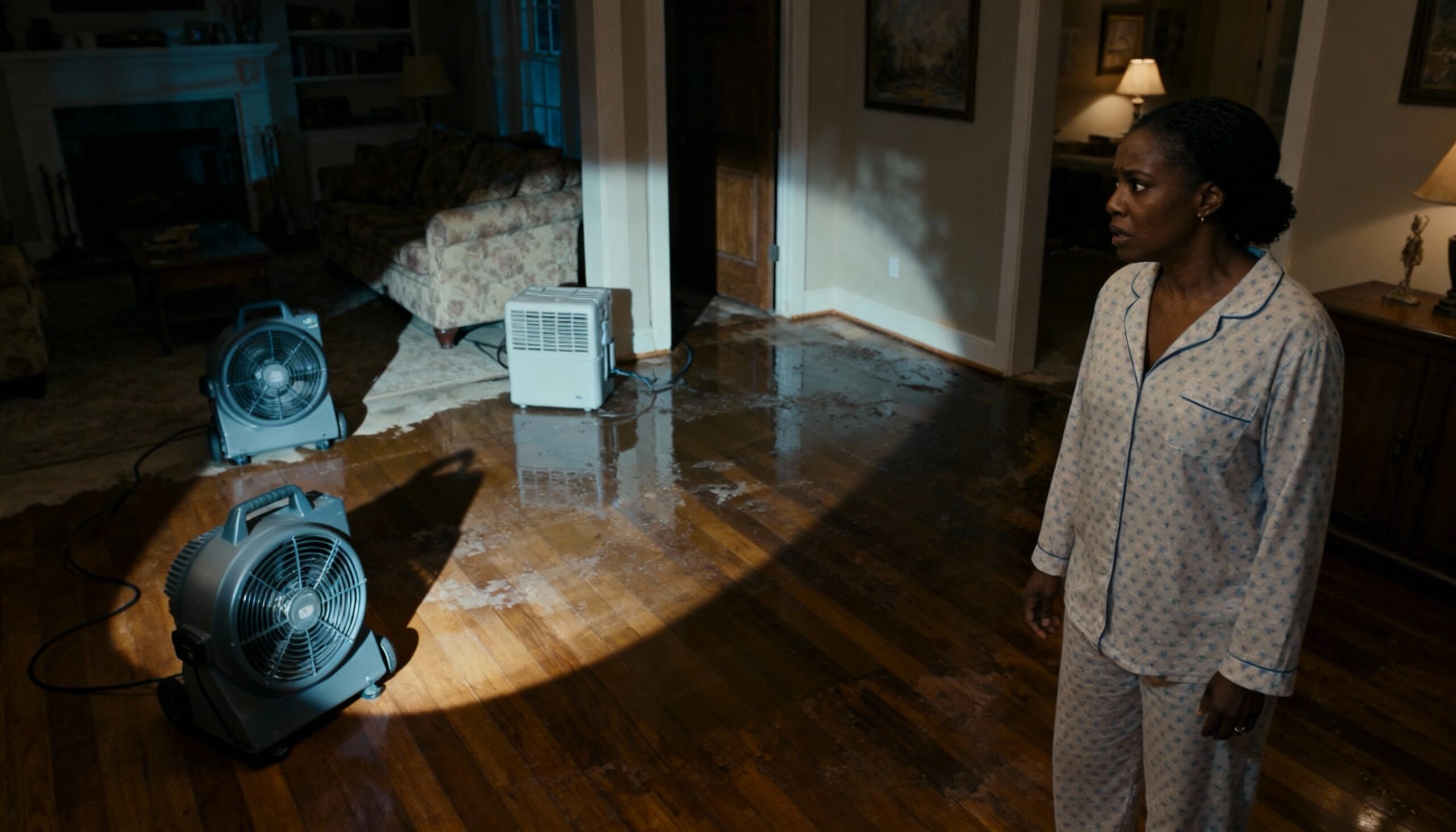 Commercial drying equipment removing moisture from water damaged hardwood floors