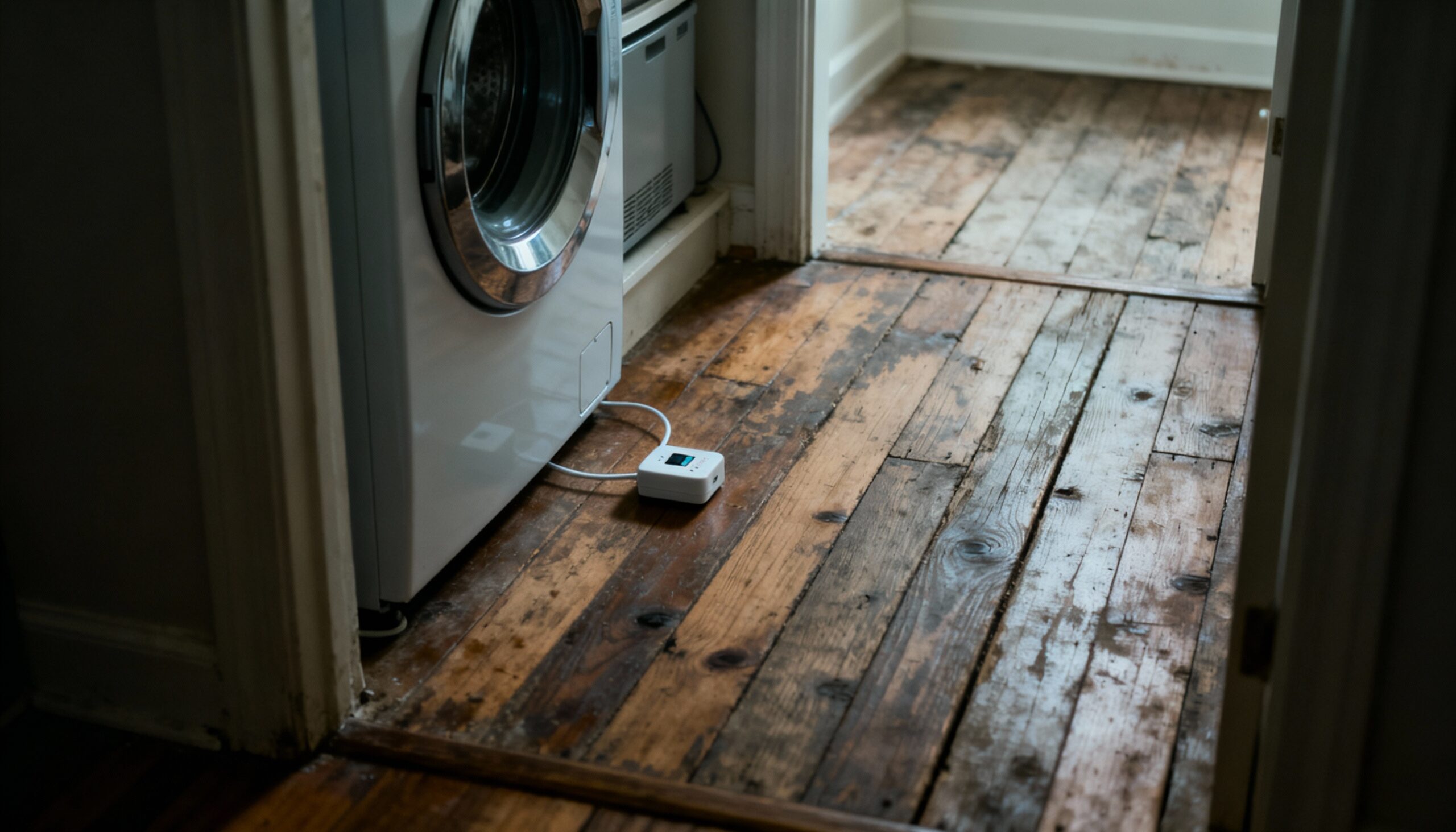 Smart water leak detector preventing hardwood floor water damage near appliances