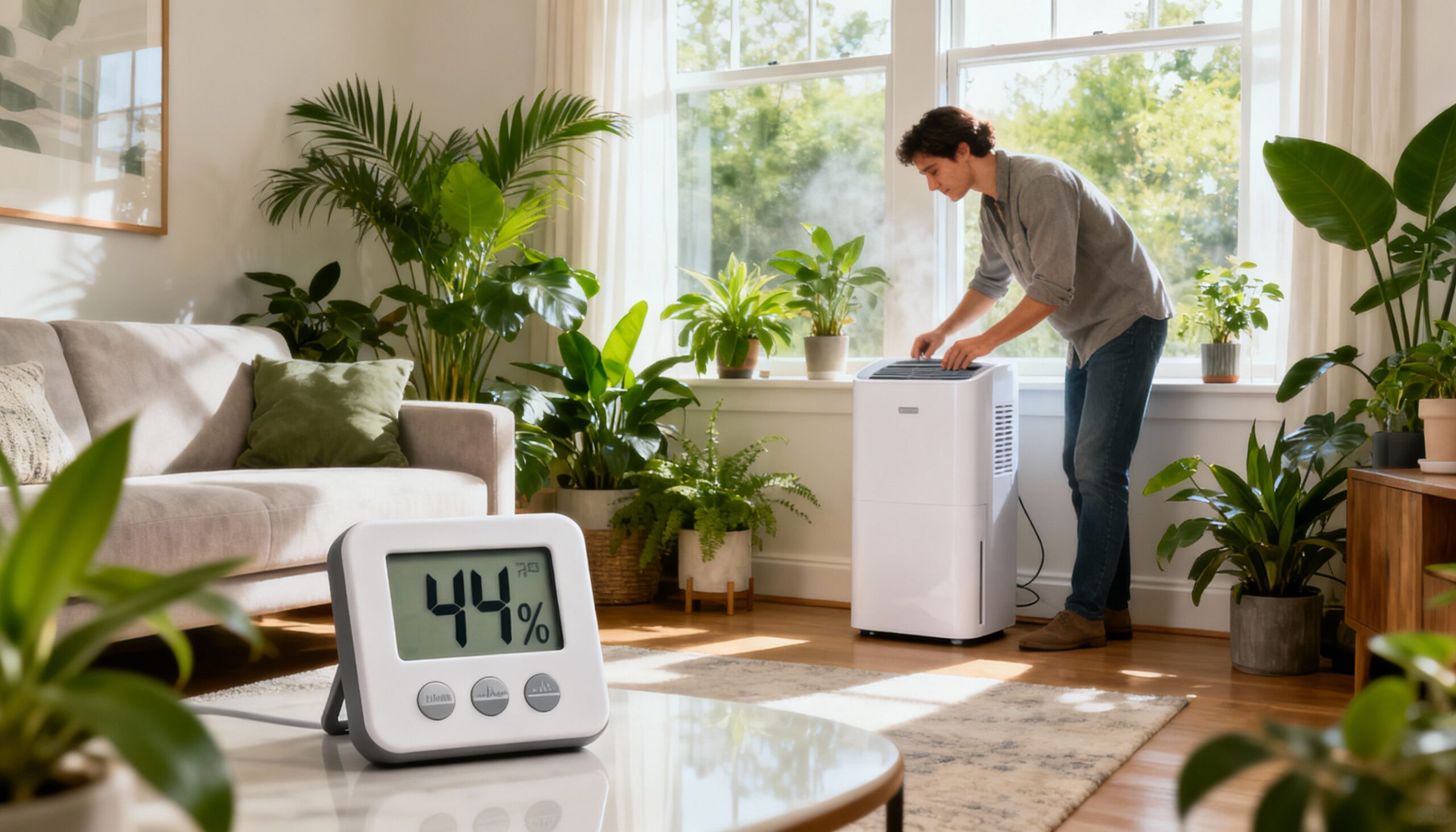 Humidity control for mold prevention showing digital hygrometer displaying optimal indoor humidity levels in modern living room