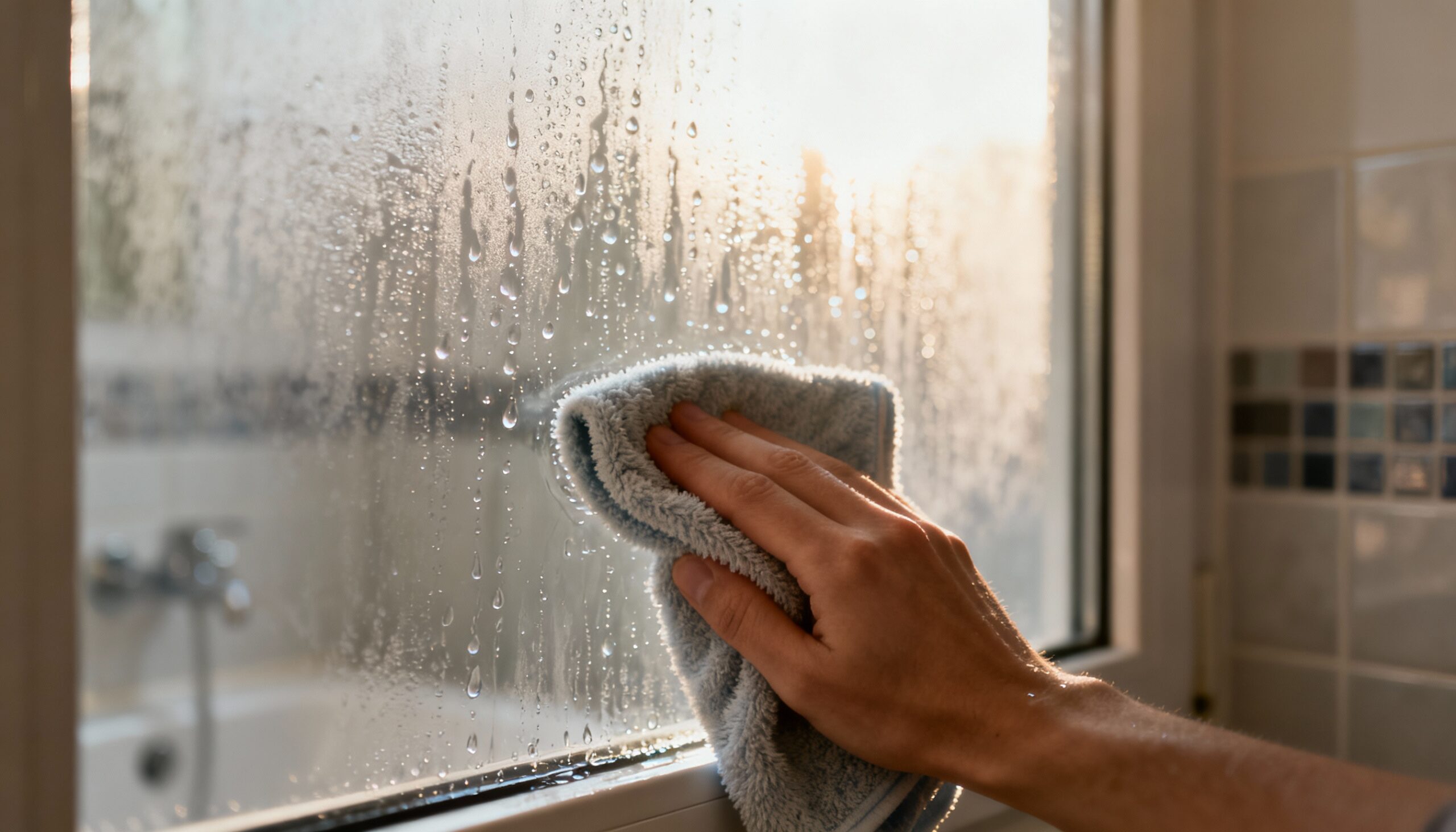 Moisture control techniques for mold prevention humidity management showing condensation removal from bathroom window