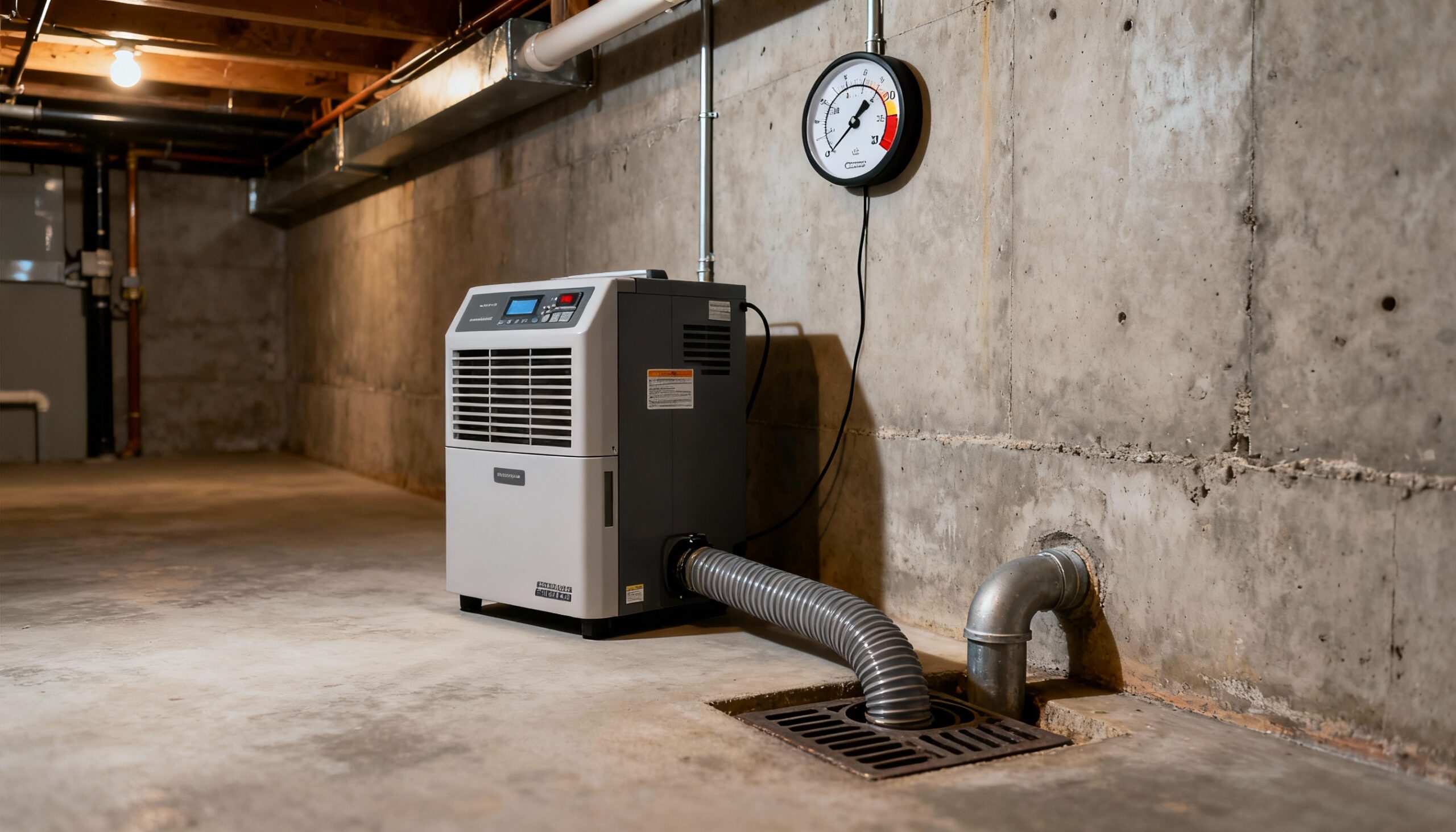 Indoor humidity levels management in basement with dehumidifier for effective humidity control for mold prevention