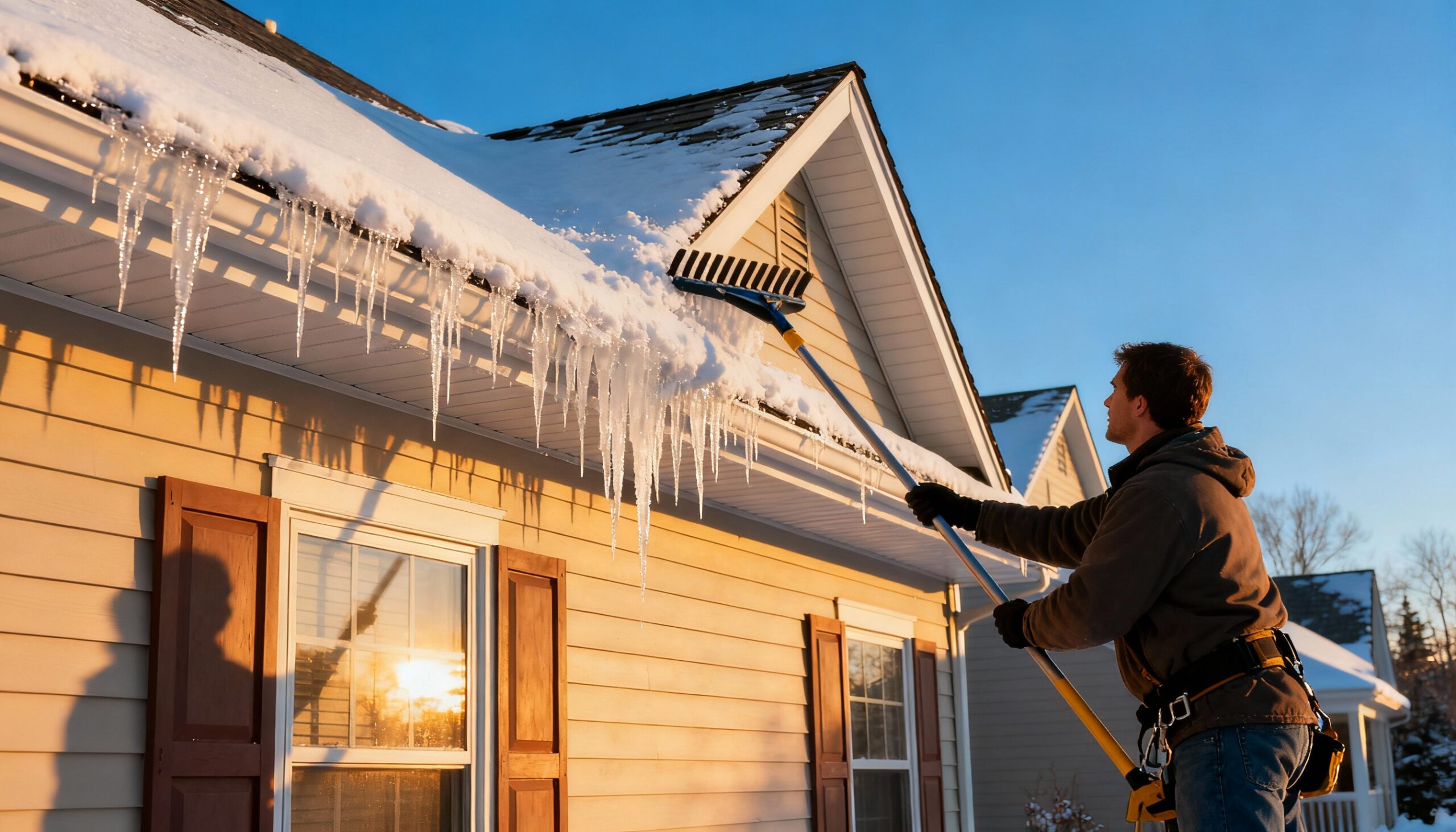 Homeowner using roof rake for ice dam prevention on snow-covered residential roof with visible ice dam formation along eaves
