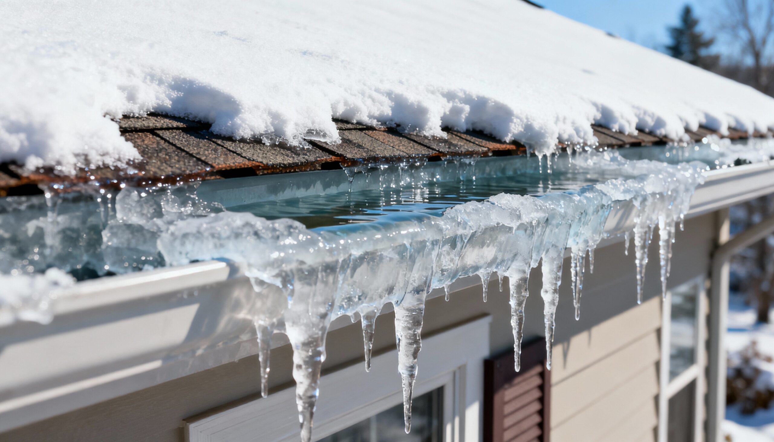 Ice dam formation on roof edge causing winter roof damage with water trapped behind ice ridge