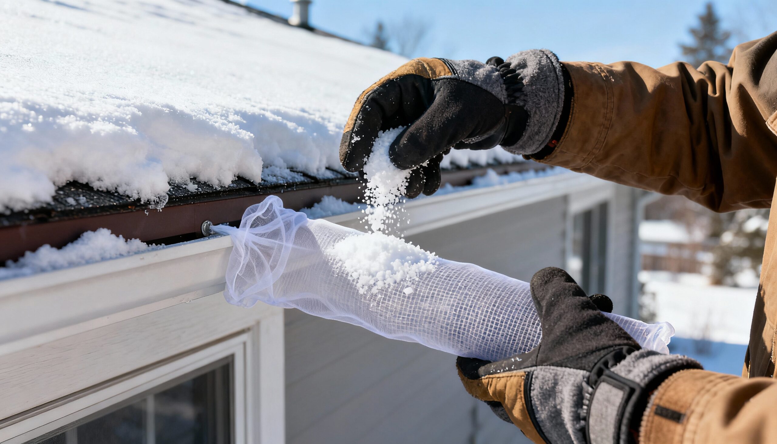 Calcium chloride application method for safe ice dam removal using mesh tube on residential roof