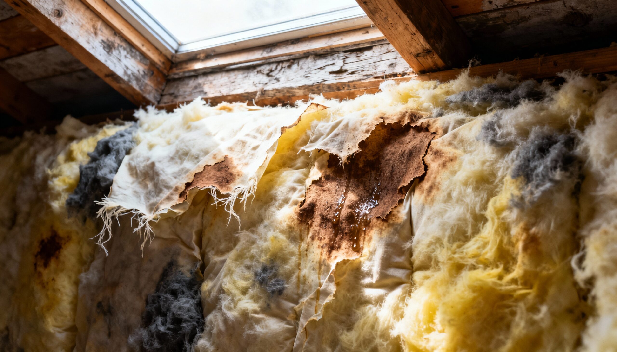Insulation water damage showing wet insulation with moisture staining and sagging in residential attic