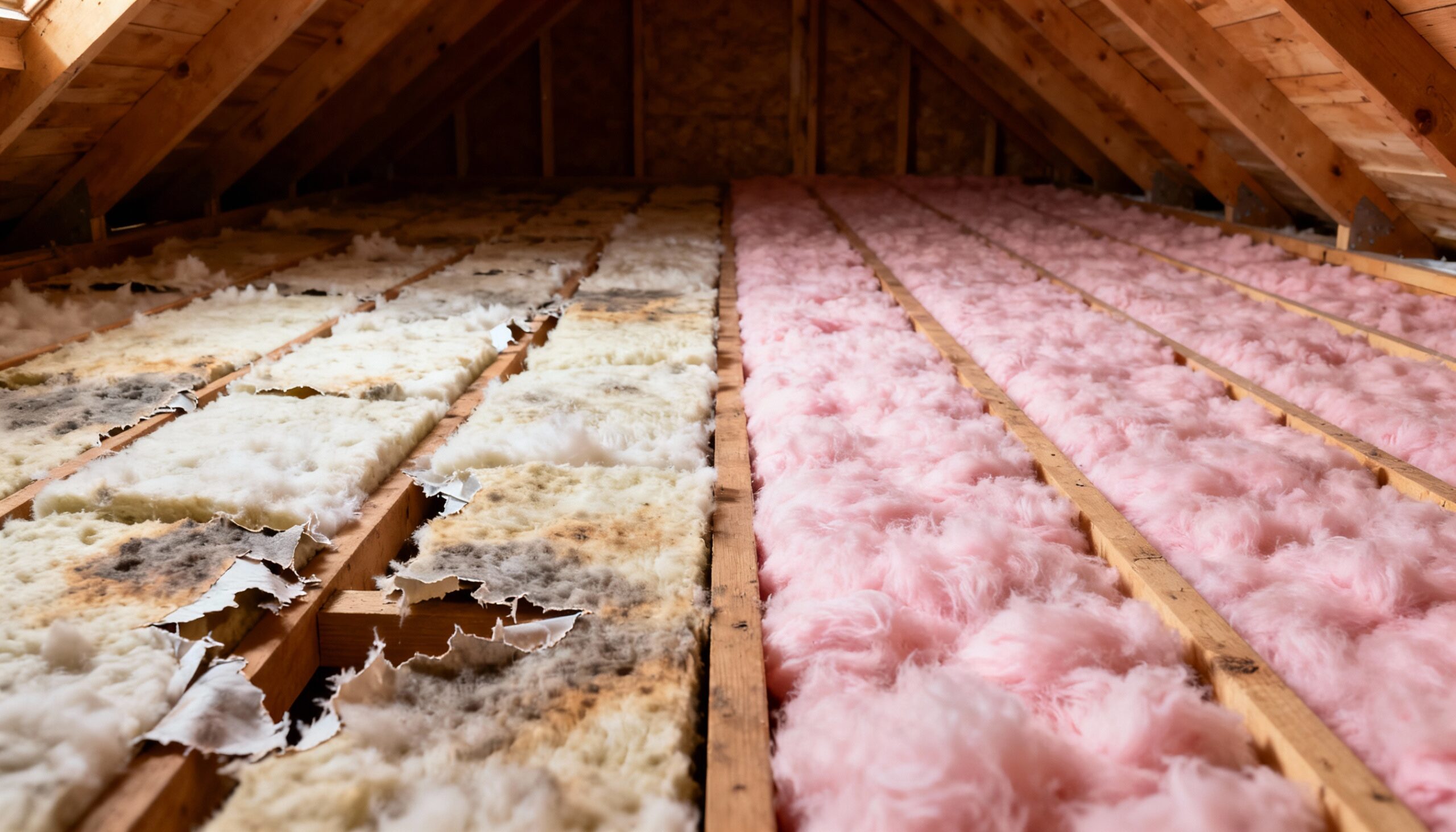 Wet insulation requiring insulation replacement compared to new properly installed attic insulation after water damage restoration
