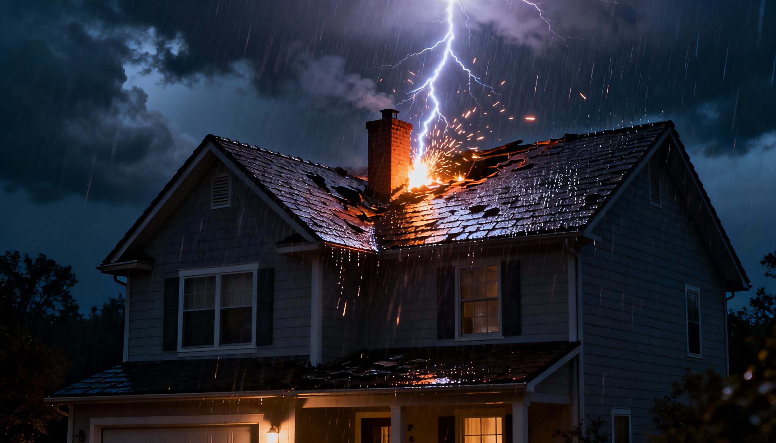 Lightning strike fire hitting residential roof during severe thunderstorm causing immediate fire damage