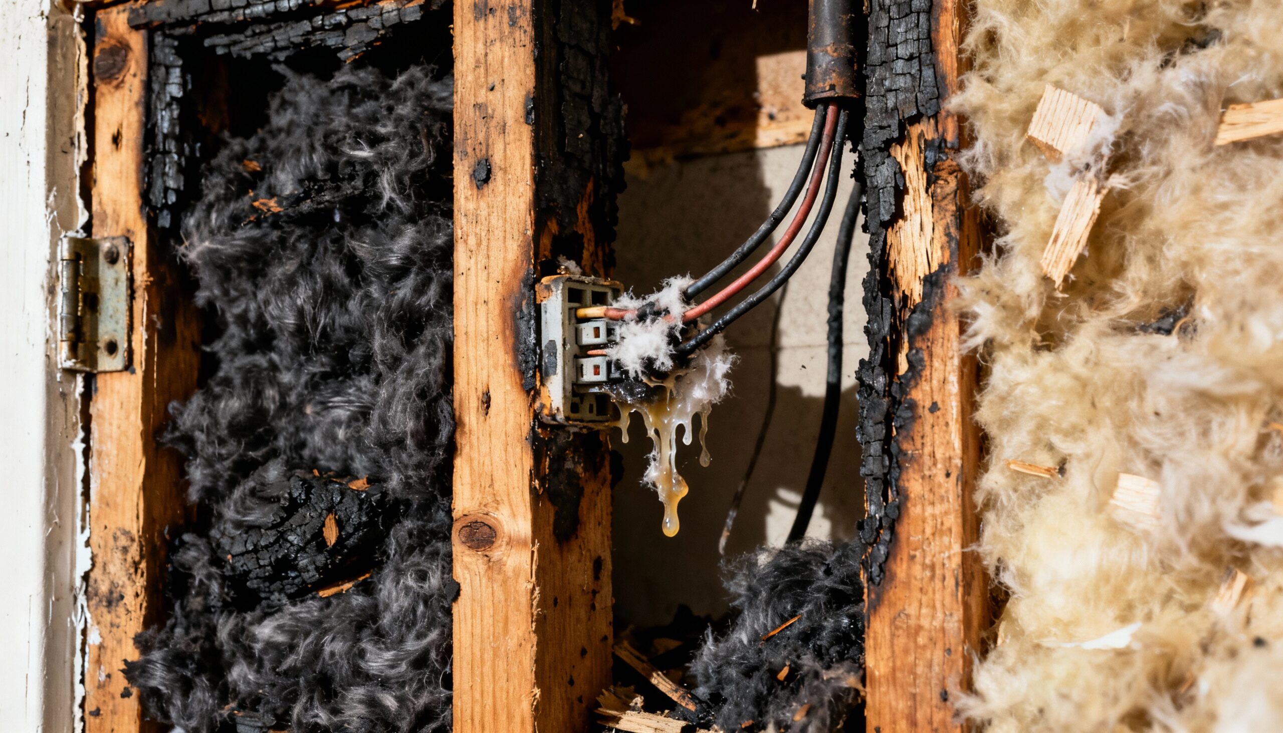 Hidden lightning fire damage inside wall cavity showing burned wiring and charred structural framing from electrical fire restoration assessment
