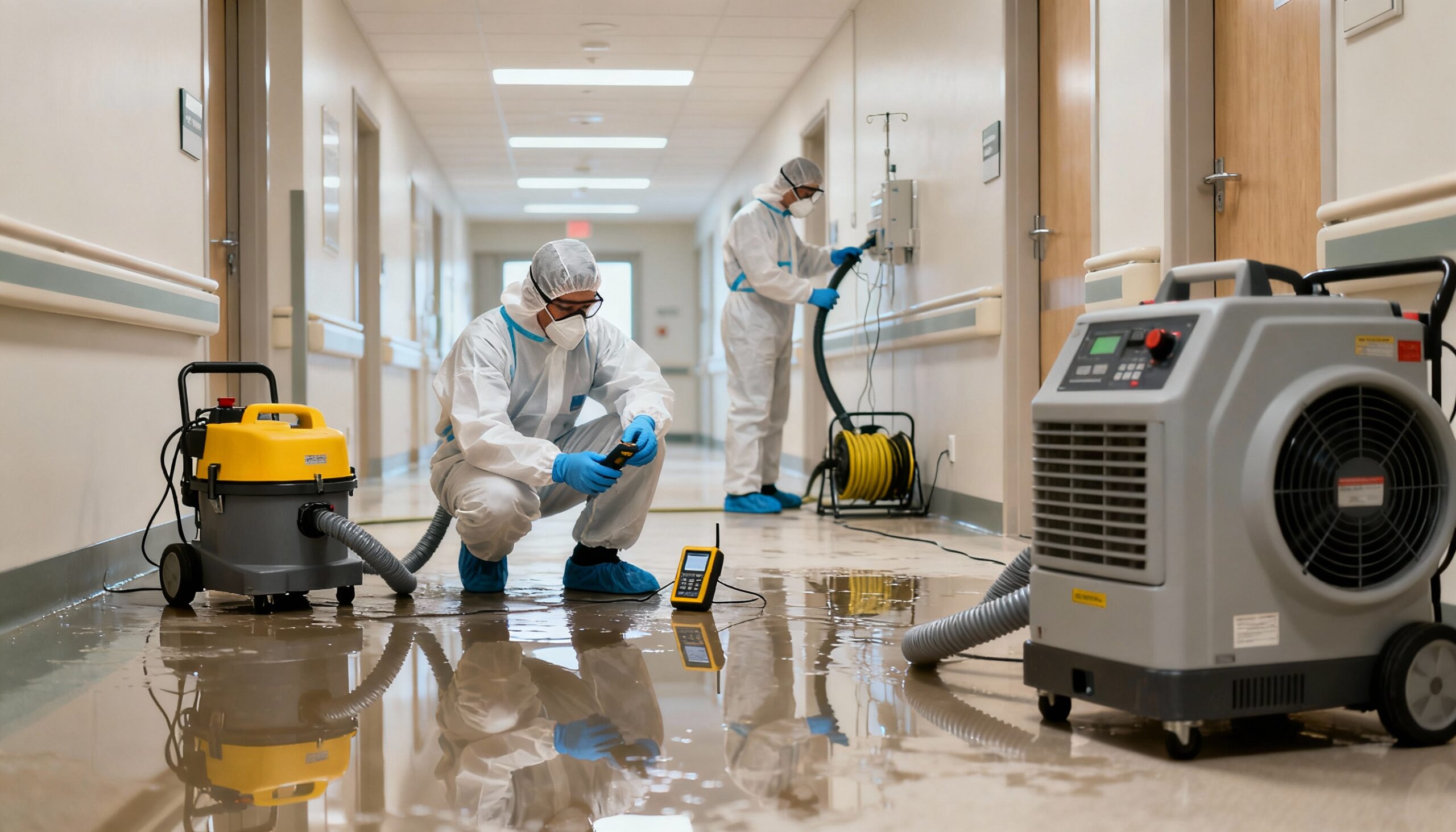 Professional restoration team addressing water damage in medical facility hallway