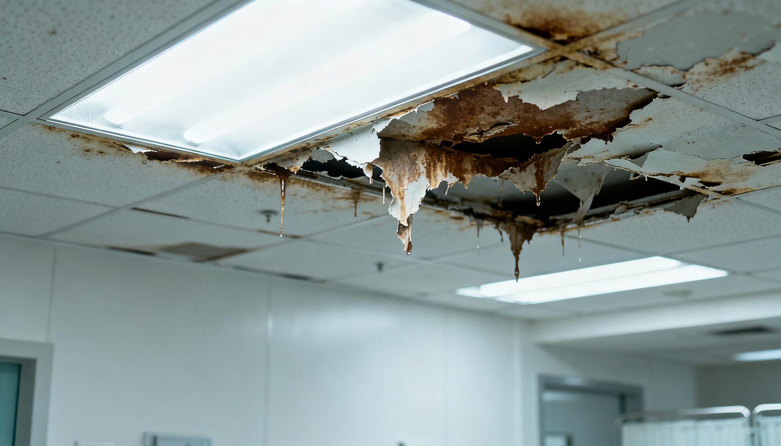 Medical facility water damage detection equipment monitoring moisture levels in hospital ceiling