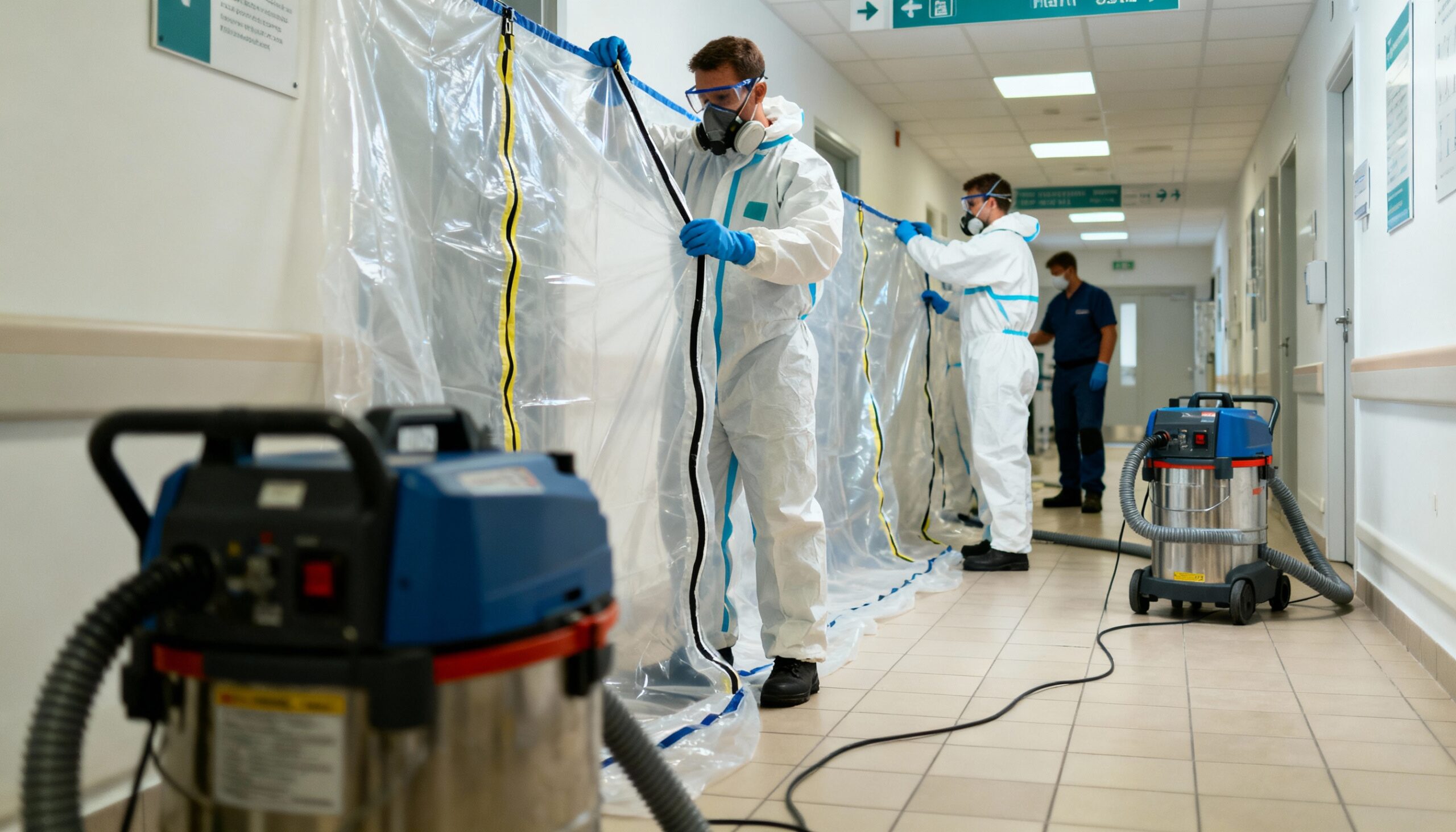 Containment barriers and HEPA filtration system installed during healthcare facility restoration