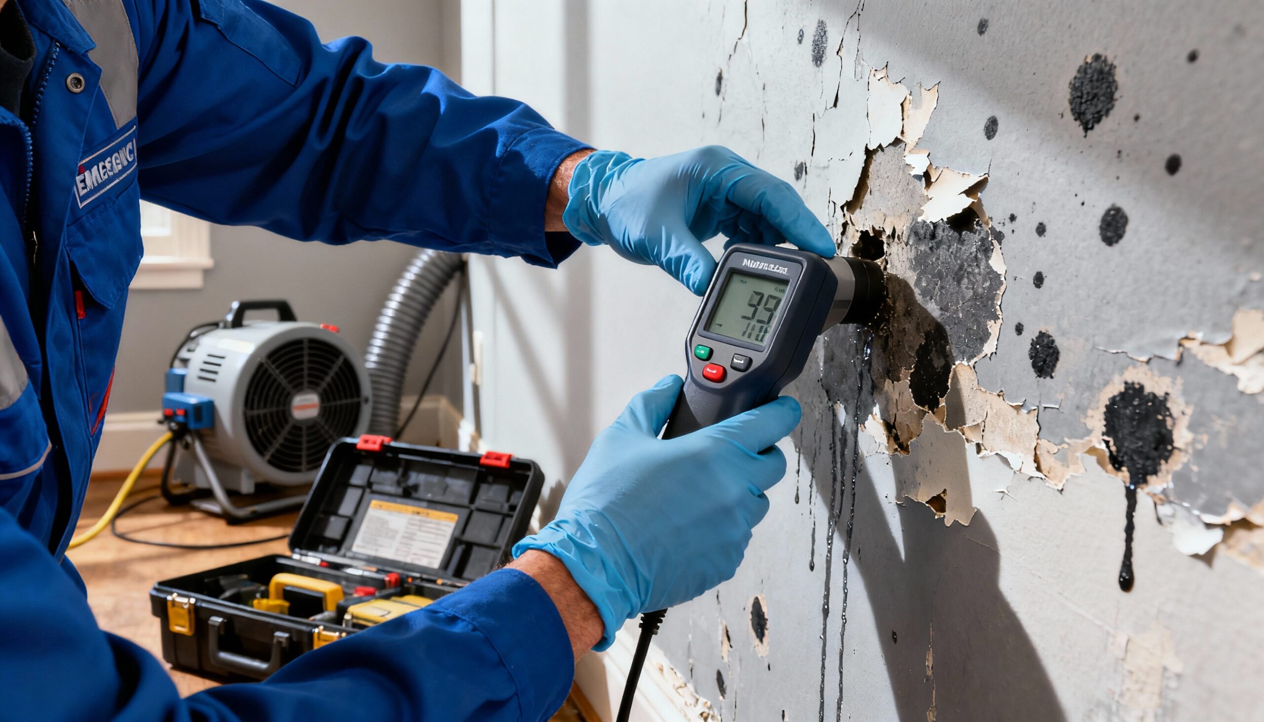 Professional technician measuring moisture levels on water-damaged wall to prevent microbial growth after water damage