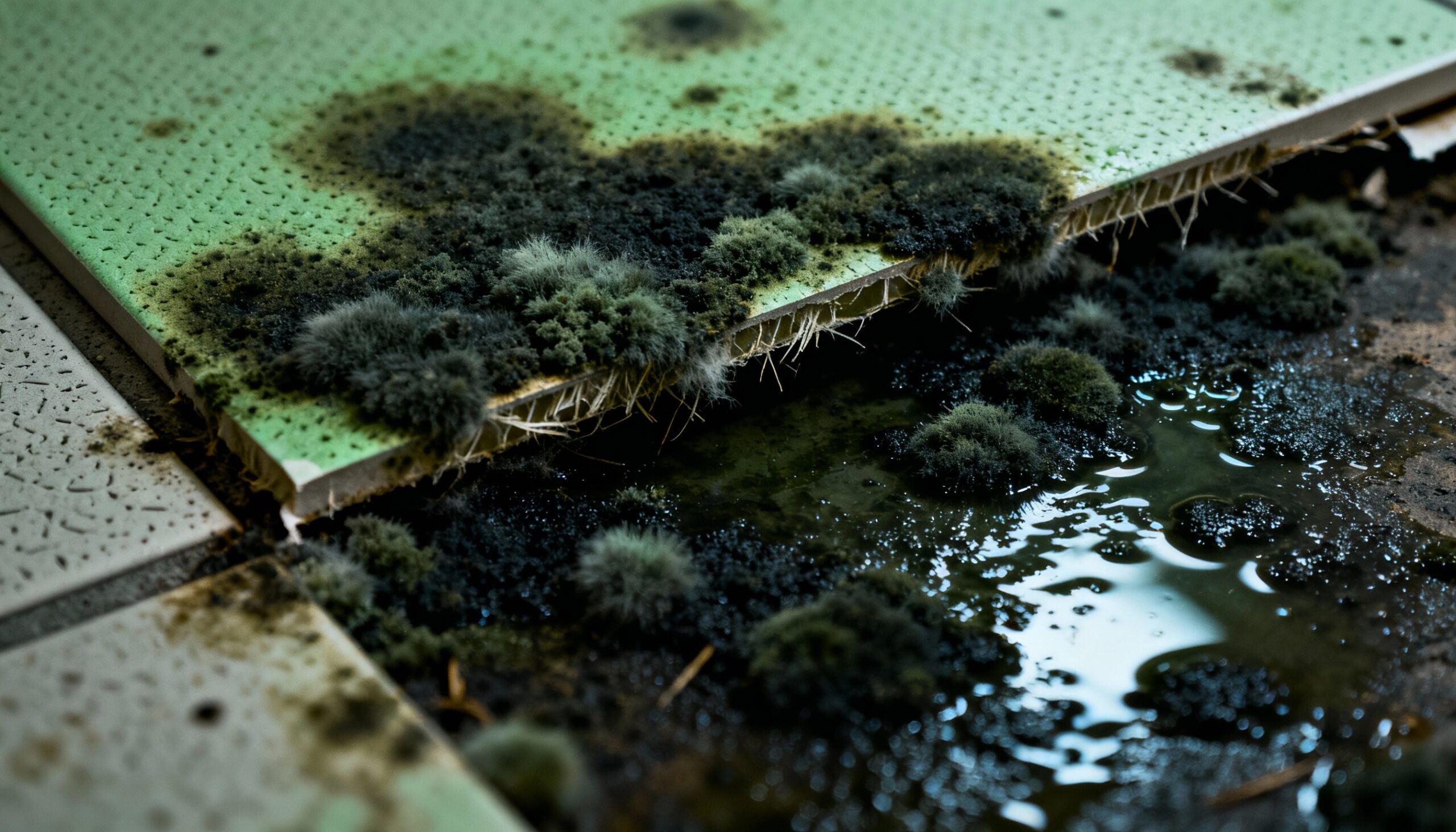 Visible microbial growth on water-damaged building materials showing mold growth timeline progression