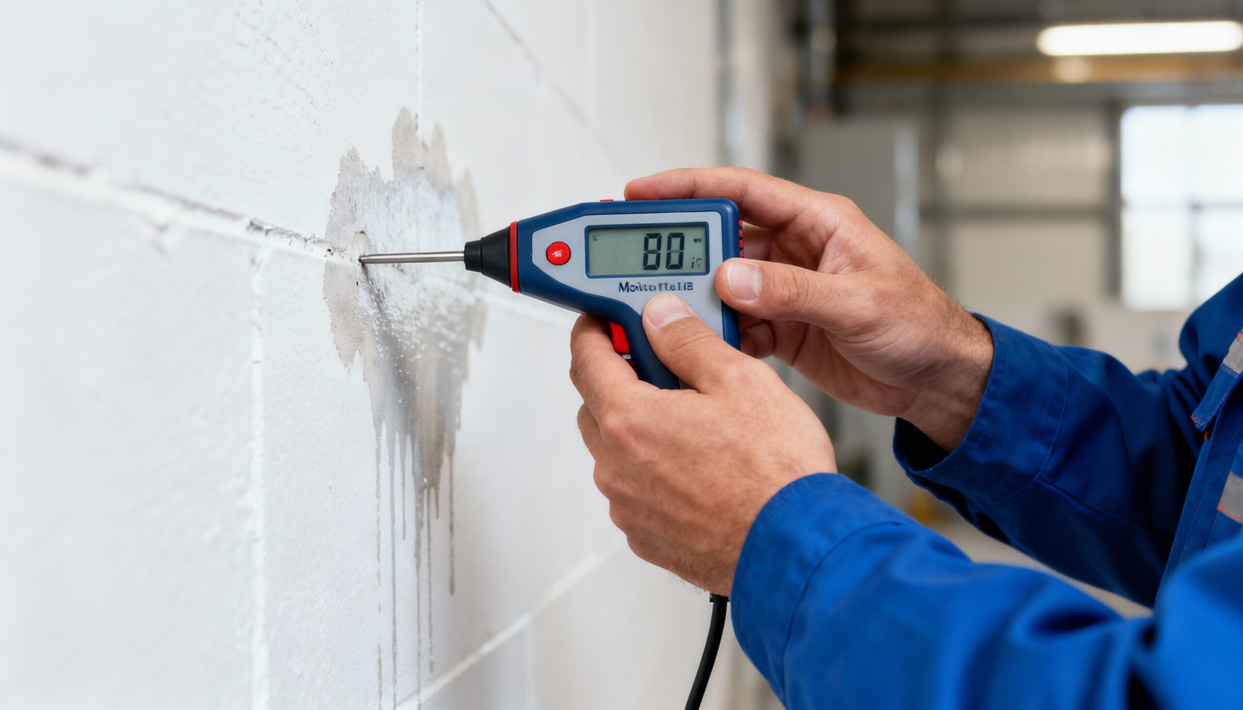 Professional technician taking moisture meter readings on water-damaged drywall during restoration assessment