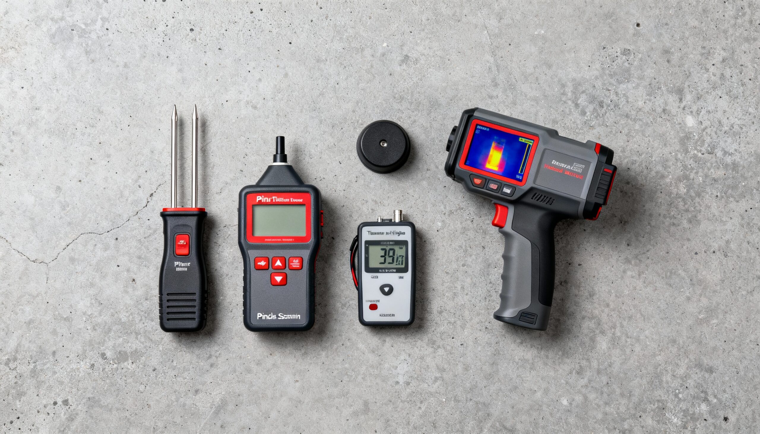 Professional moisture assessment tools including pin-type and pinless moisture meters used for water measurement and moisture detection