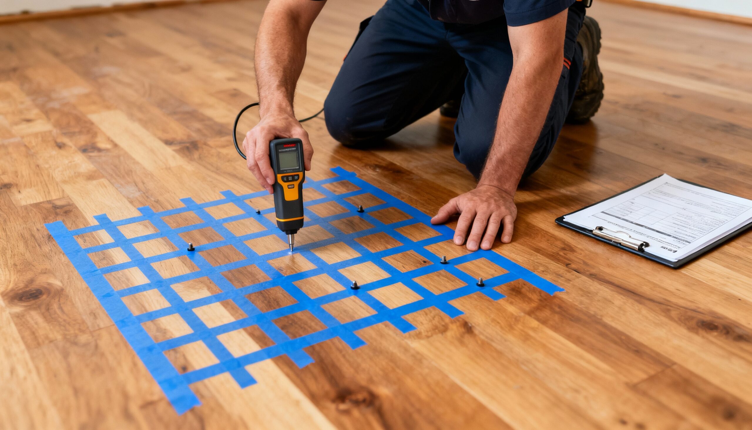 Restoration technician performing systematic moisture mapping using grid pattern for comprehensive moisture meter readings and water damage documentation