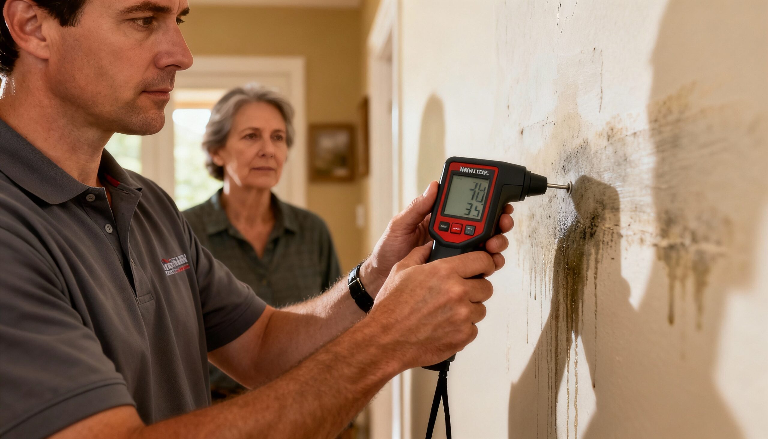 Professional mold testing vs inspection service examining wall moisture damage in home