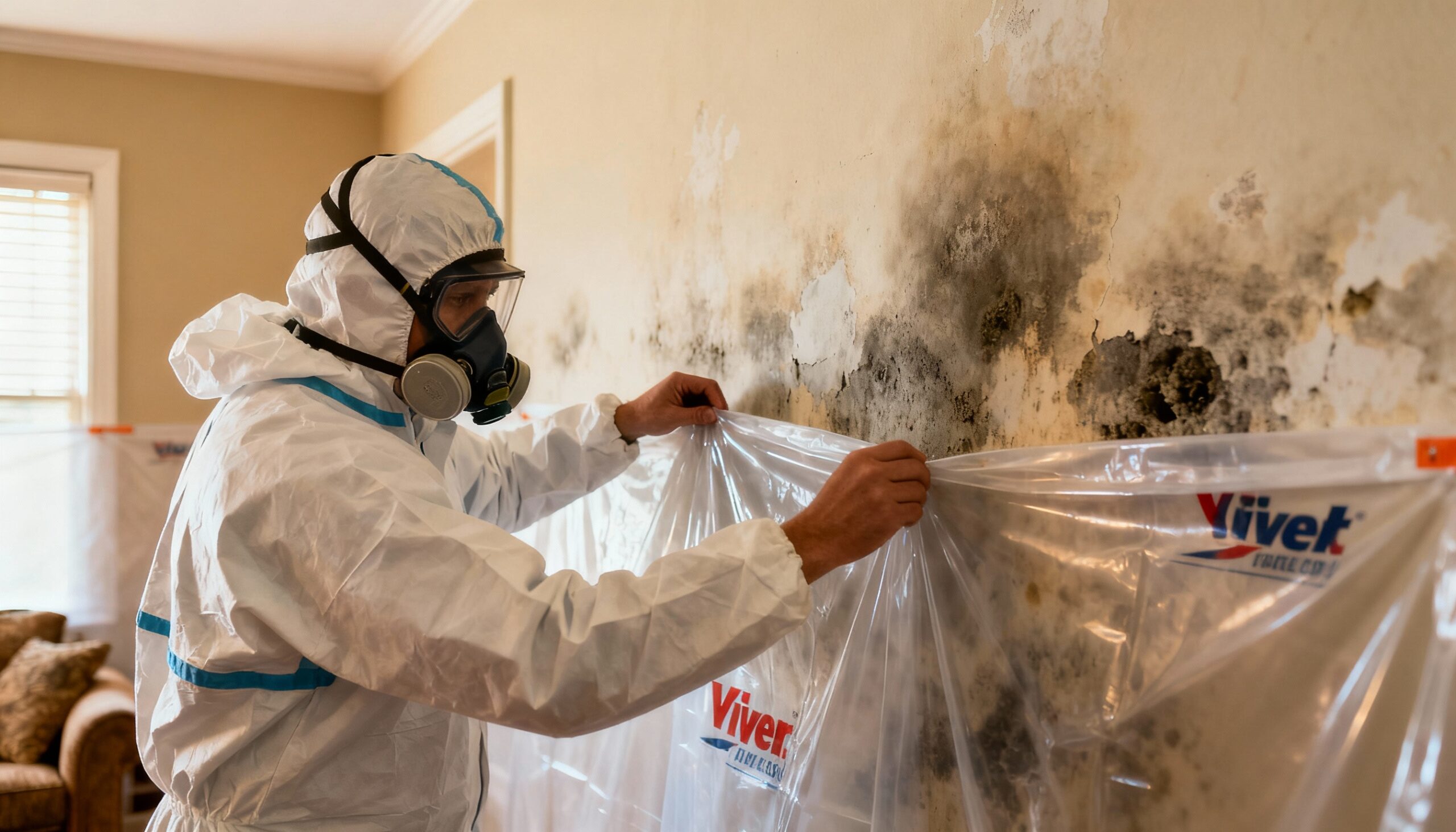 Mold remediation professional preparing containment after thorough mold evaluation identifies contamination