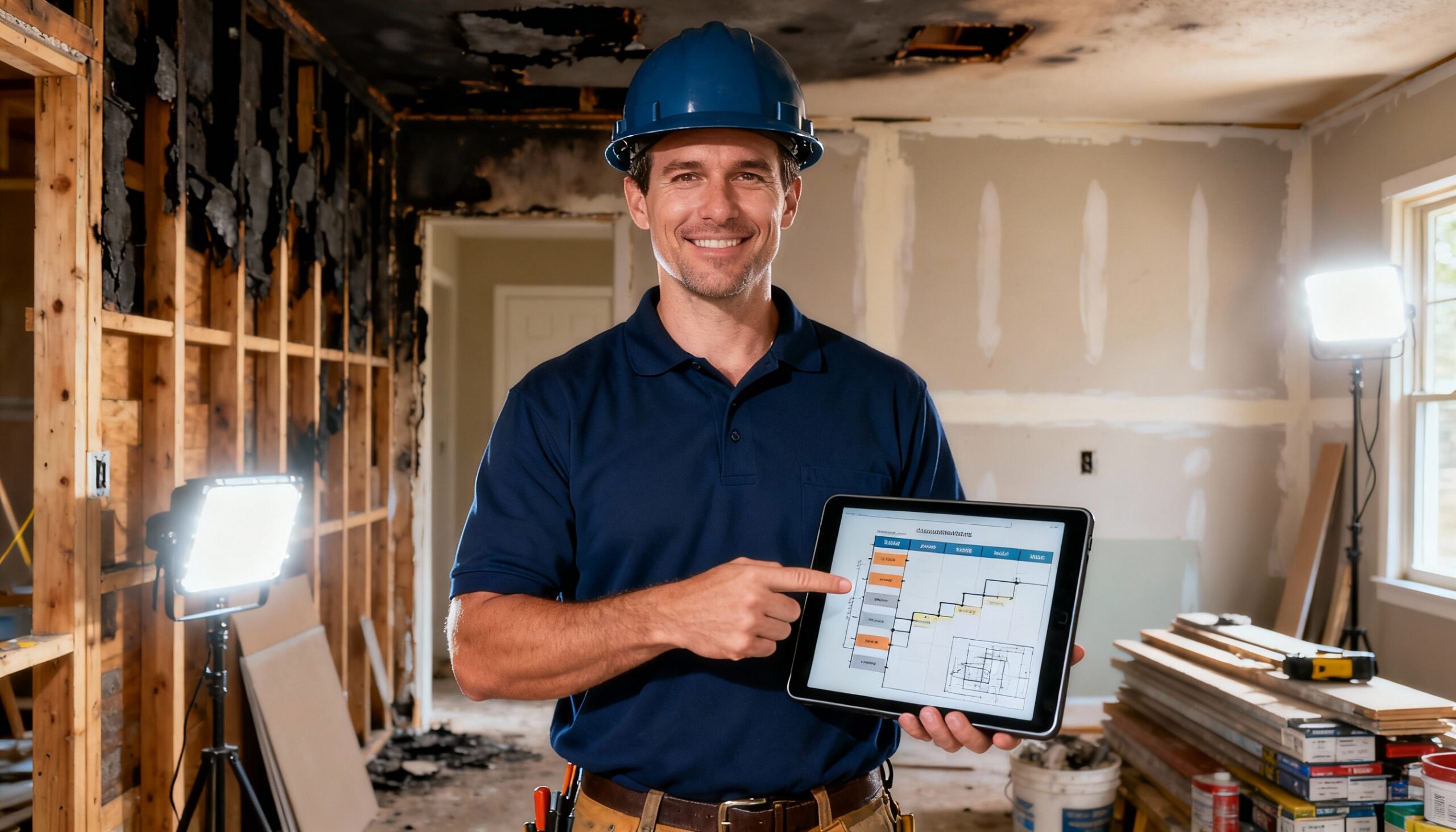 Fire rebuild planning with detailed post-fire reconstruction timeline and project management at active restoration site