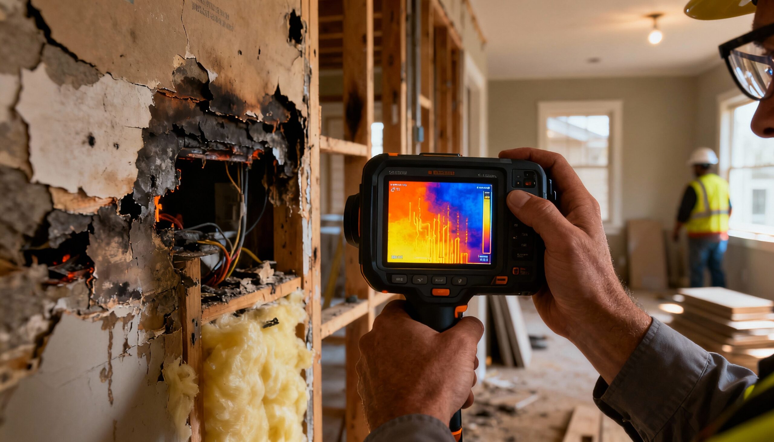 Thermal imaging inspection during post-fire reconstruction showing professional structural assessment and safety evaluation