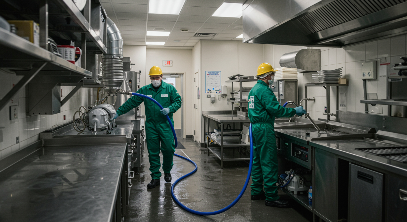 Restaurant water damage restoration team extracting water from commercial kitchen