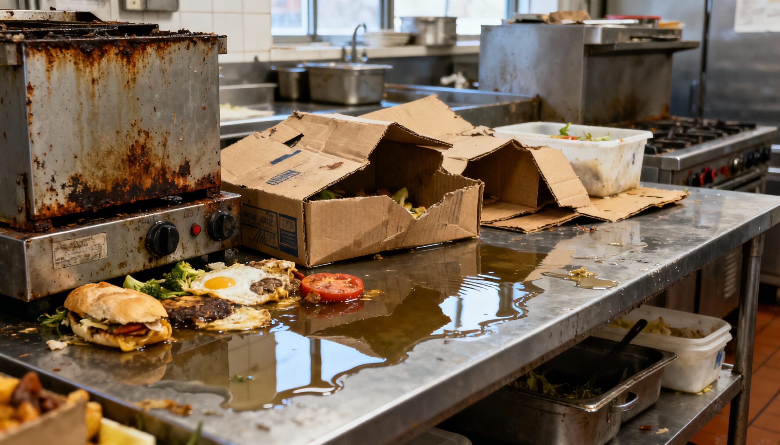 Water-damaged restaurant equipment and spoiled food inventory requiring disposal