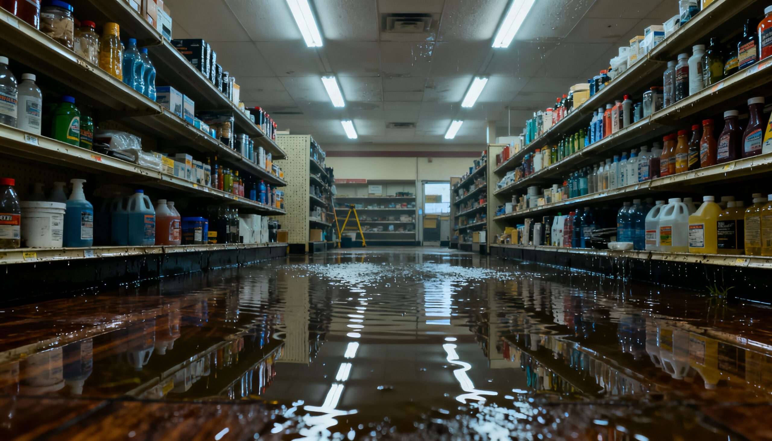 Retail store water damage restoration team using professional water extraction equipment on flooded sales floor