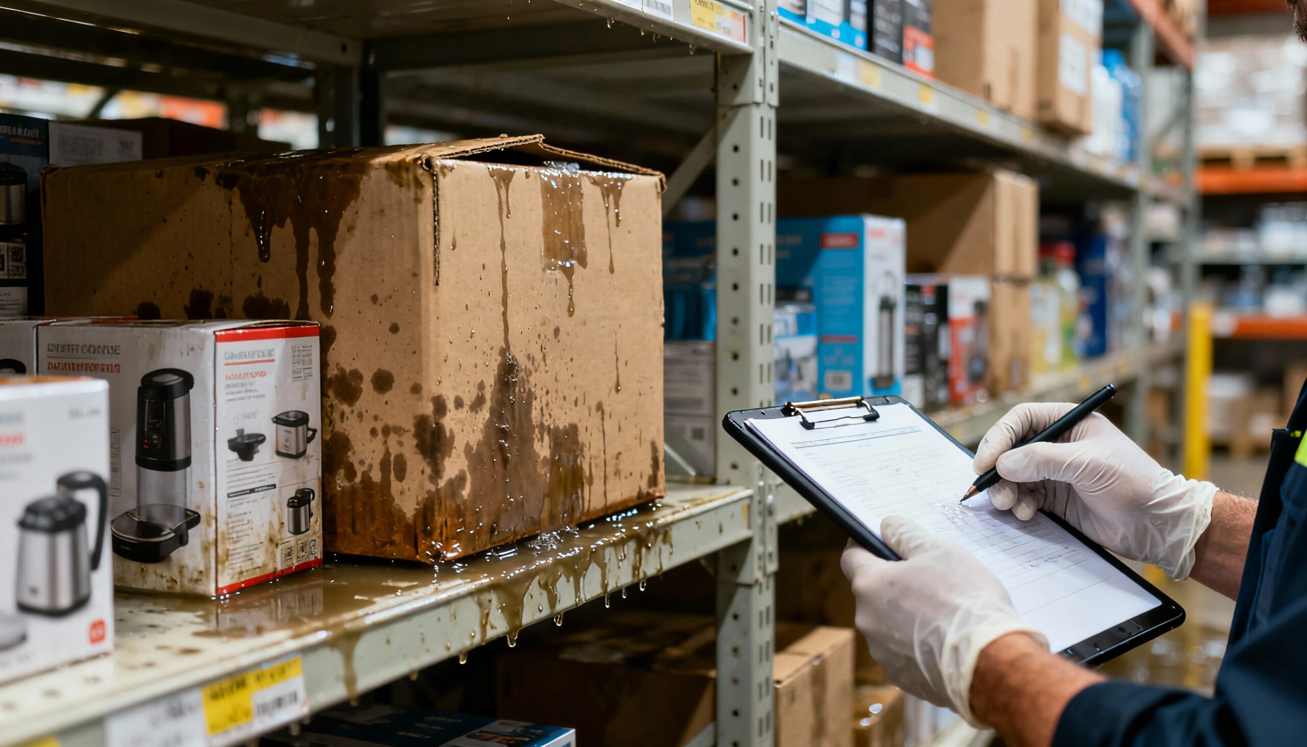 Inventory water damage assessment showing water-damaged retail merchandise on store shelves requiring professional documentation