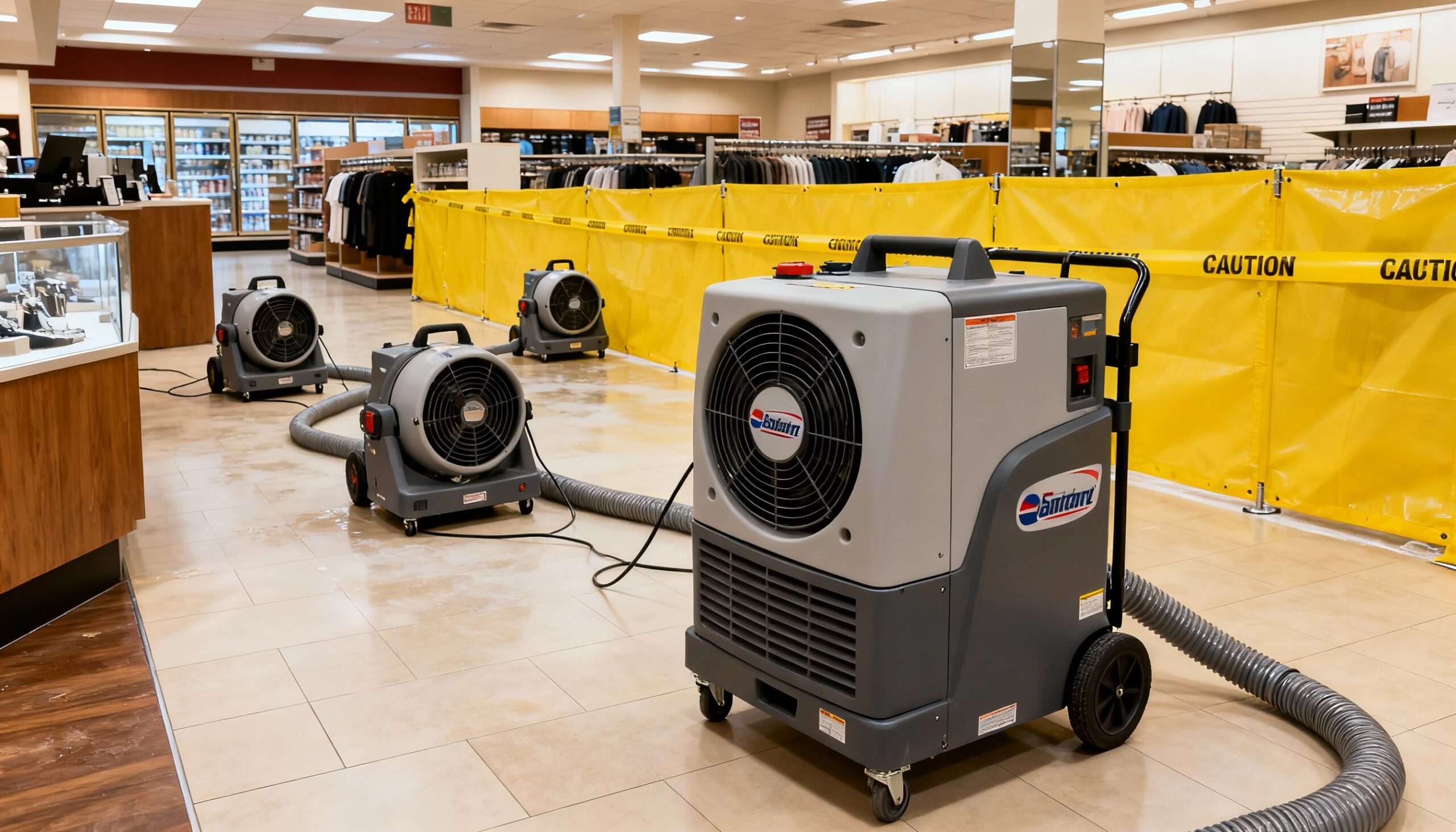 Professional retail restoration drying equipment including commercial dehumidifiers and air movers set up after store flooding incident