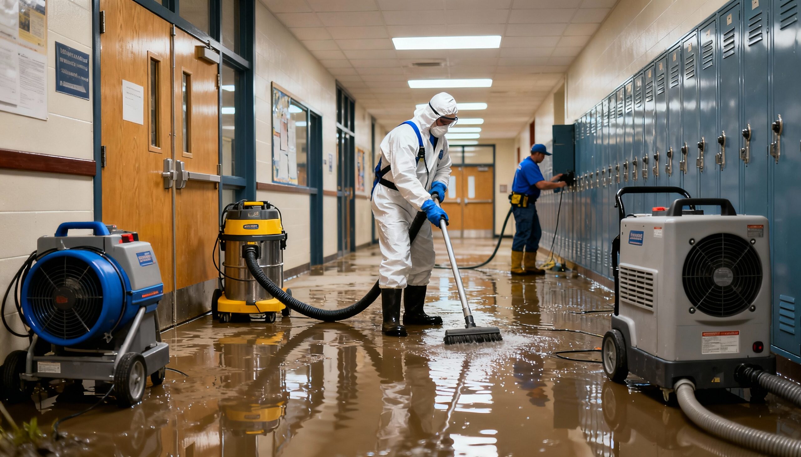 School water damage restoration team extracting water from flooded hallway with industrial equipment
