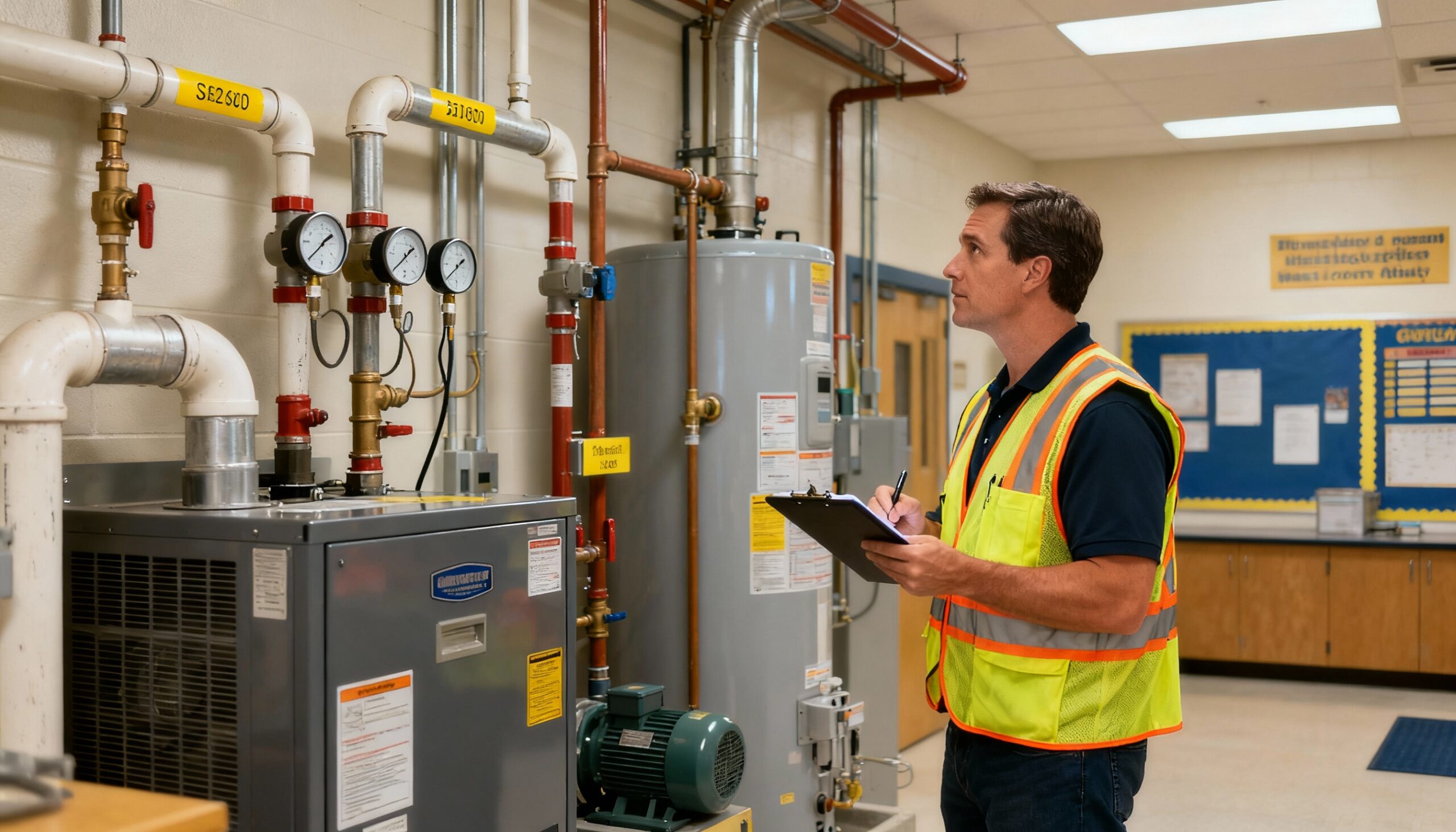 School and University Water Damage: Educational Facility Restoration Educational facility restoration prevention through regular plumbing inspection in school mechanical room